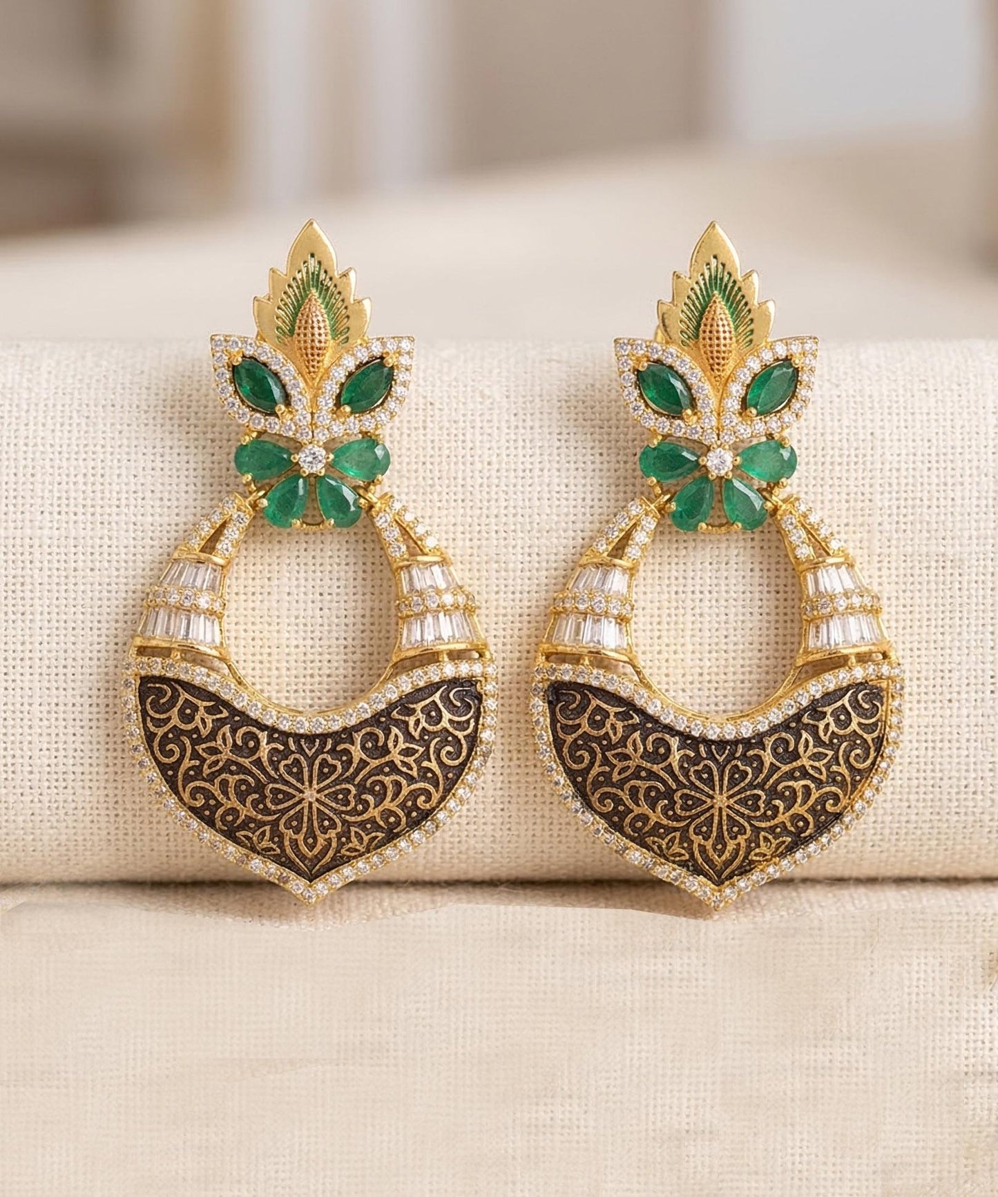 Antique Gold Chandbali Earrings| Indian Nakshi Fusion Jhumka| Ruby Emerald Statement Earrings| Bollywood Party Wear Earrings| Gift for her
