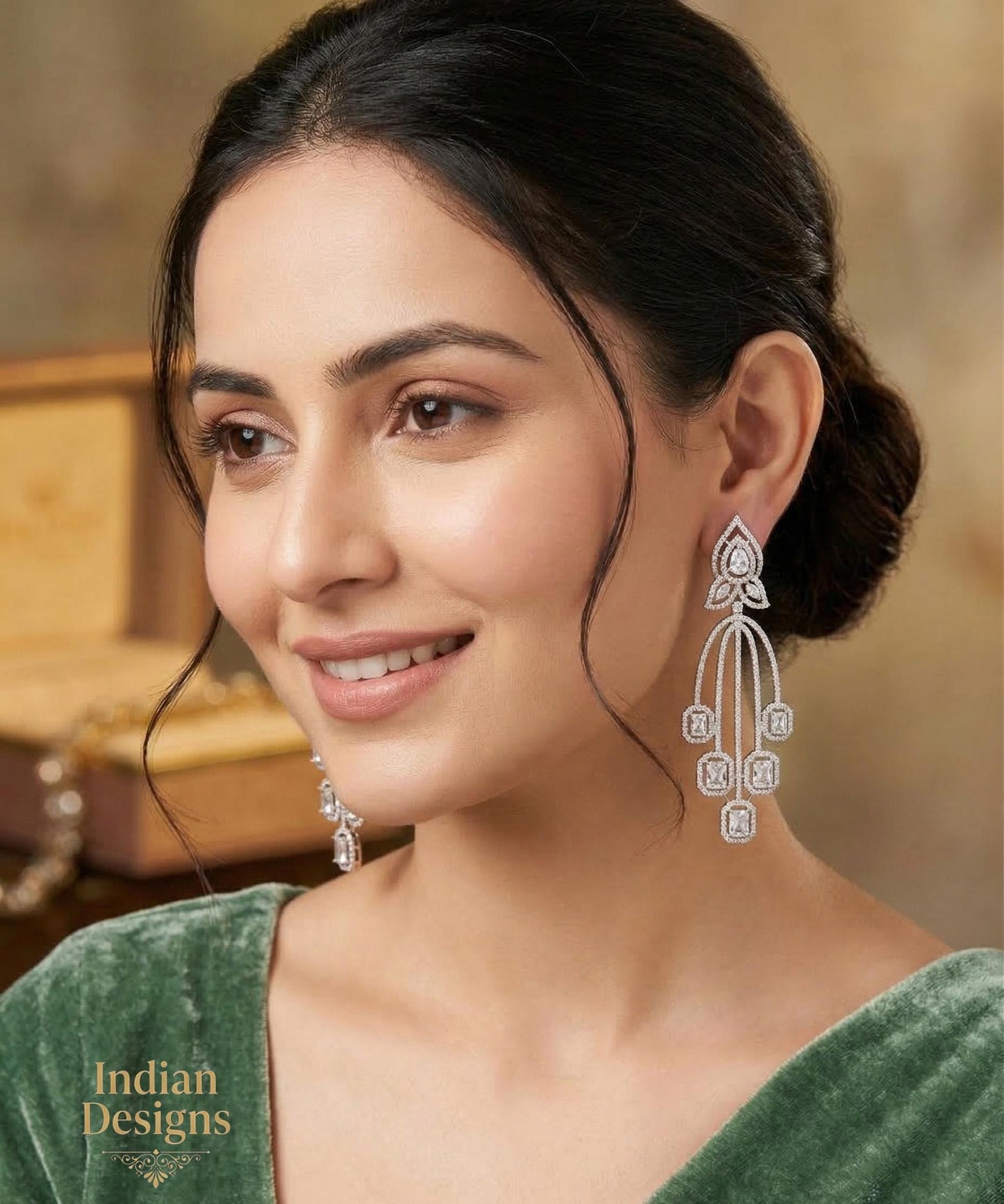 Rose Gold Plated Cubic Zirconia CZ Chandelier Art Deco Wedding Earrings|Bridal Fashion Earrings|Simple long earrings|Indian Earrings