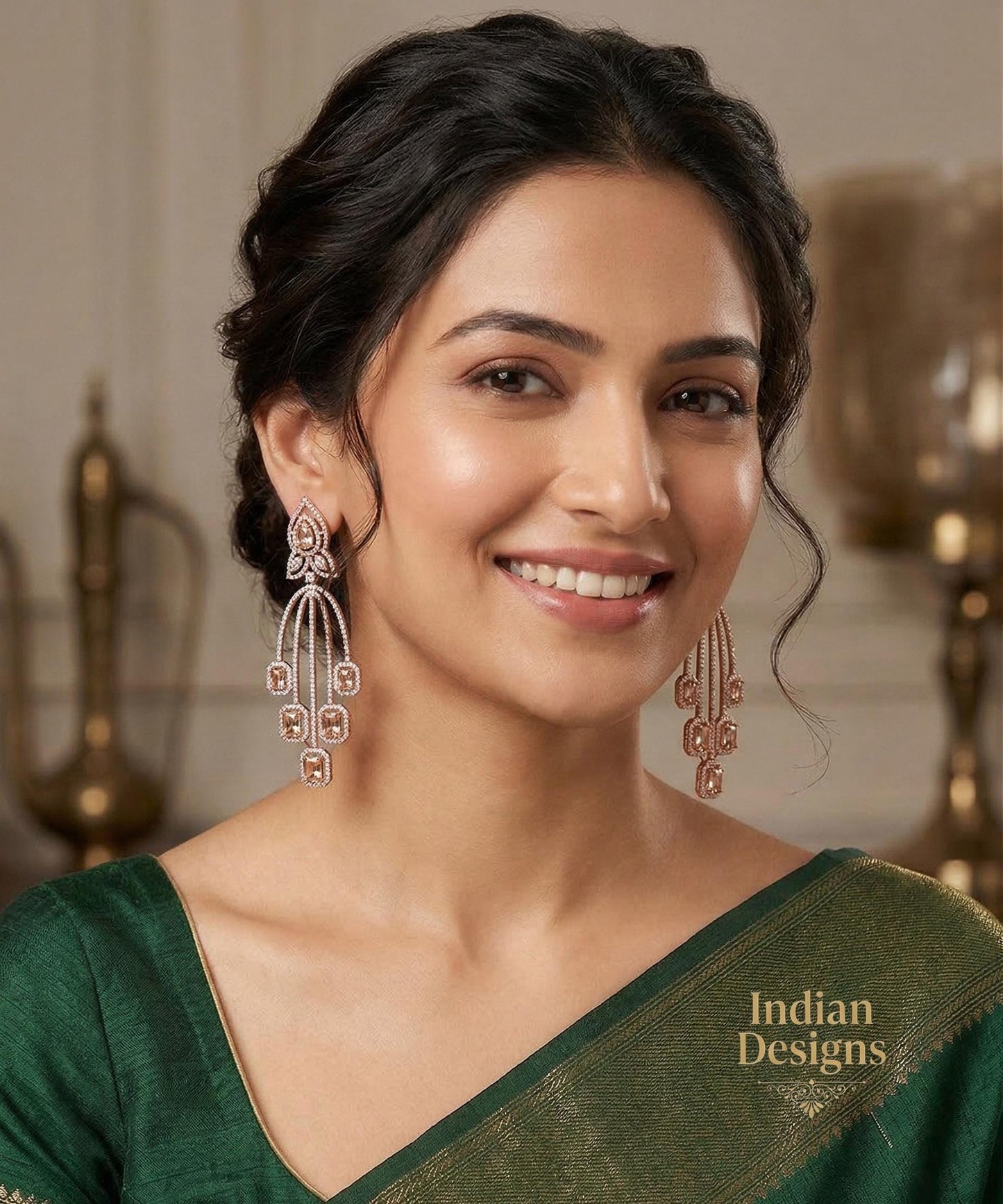 Rose Gold Plated Cubic Zirconia CZ Chandelier Art Deco Wedding Earrings|Bridal Fashion Earrings|Simple long earrings|Indian Earrings