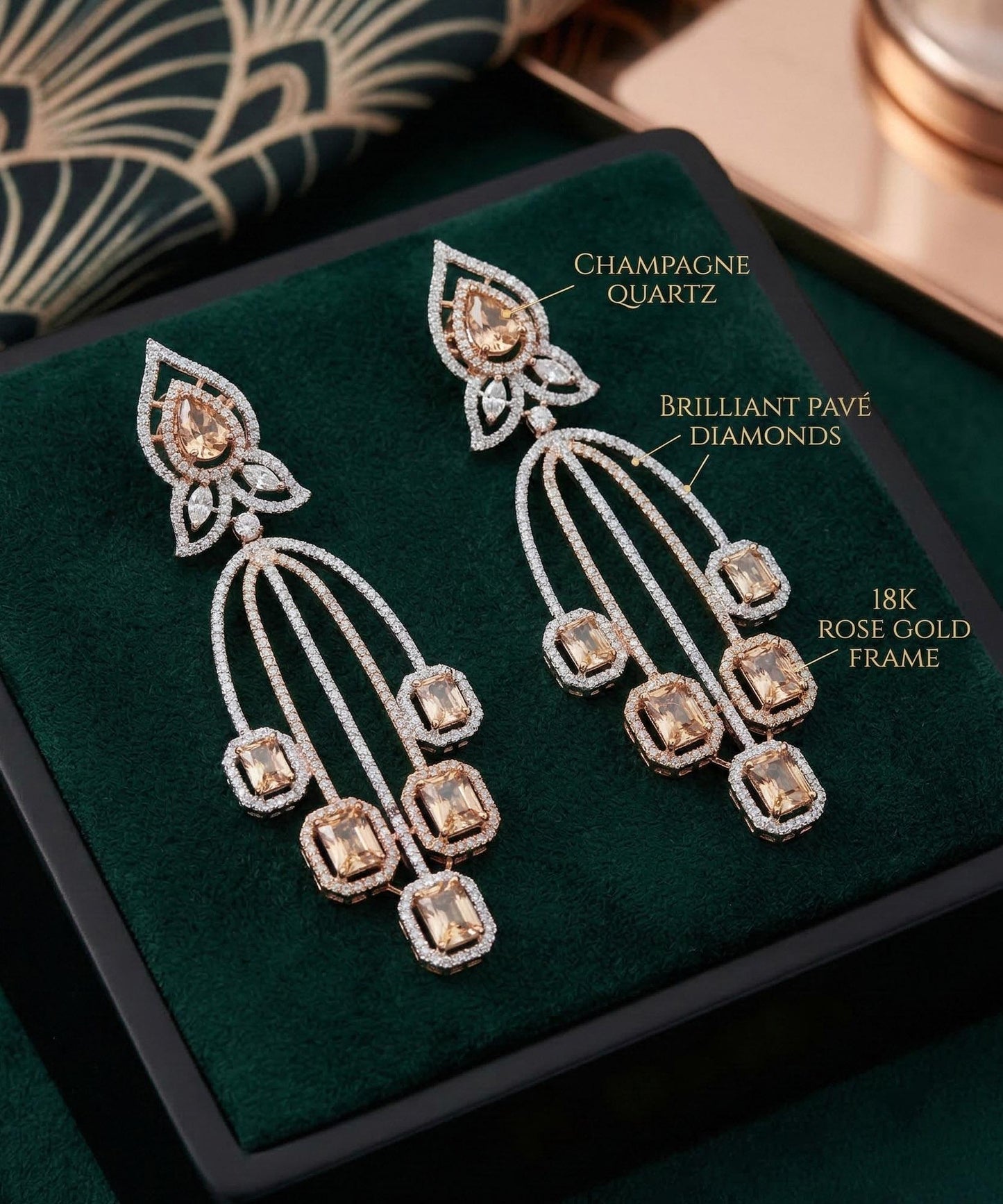 Rose Gold Plated Cubic Zirconia CZ Chandelier Art Deco Wedding Earrings|Bridal Fashion Earrings|Simple long earrings|Indian Earrings