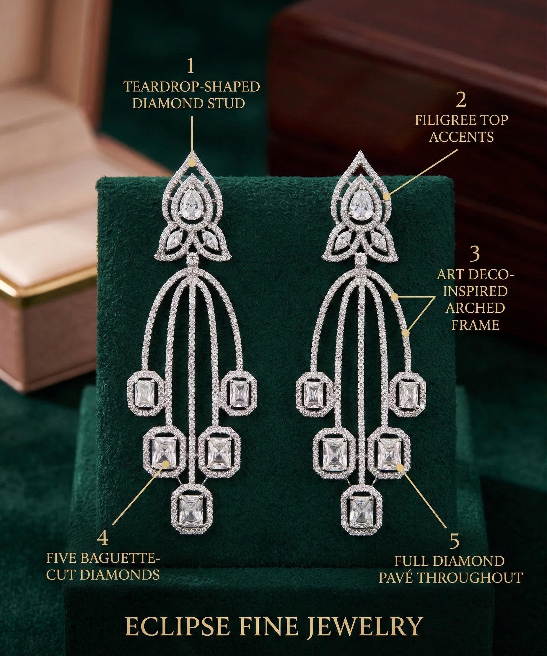 Rose Gold Plated Cubic Zirconia CZ Chandelier Art Deco Wedding Earrings|Bridal Fashion Earrings|Simple long earrings|Indian Earrings