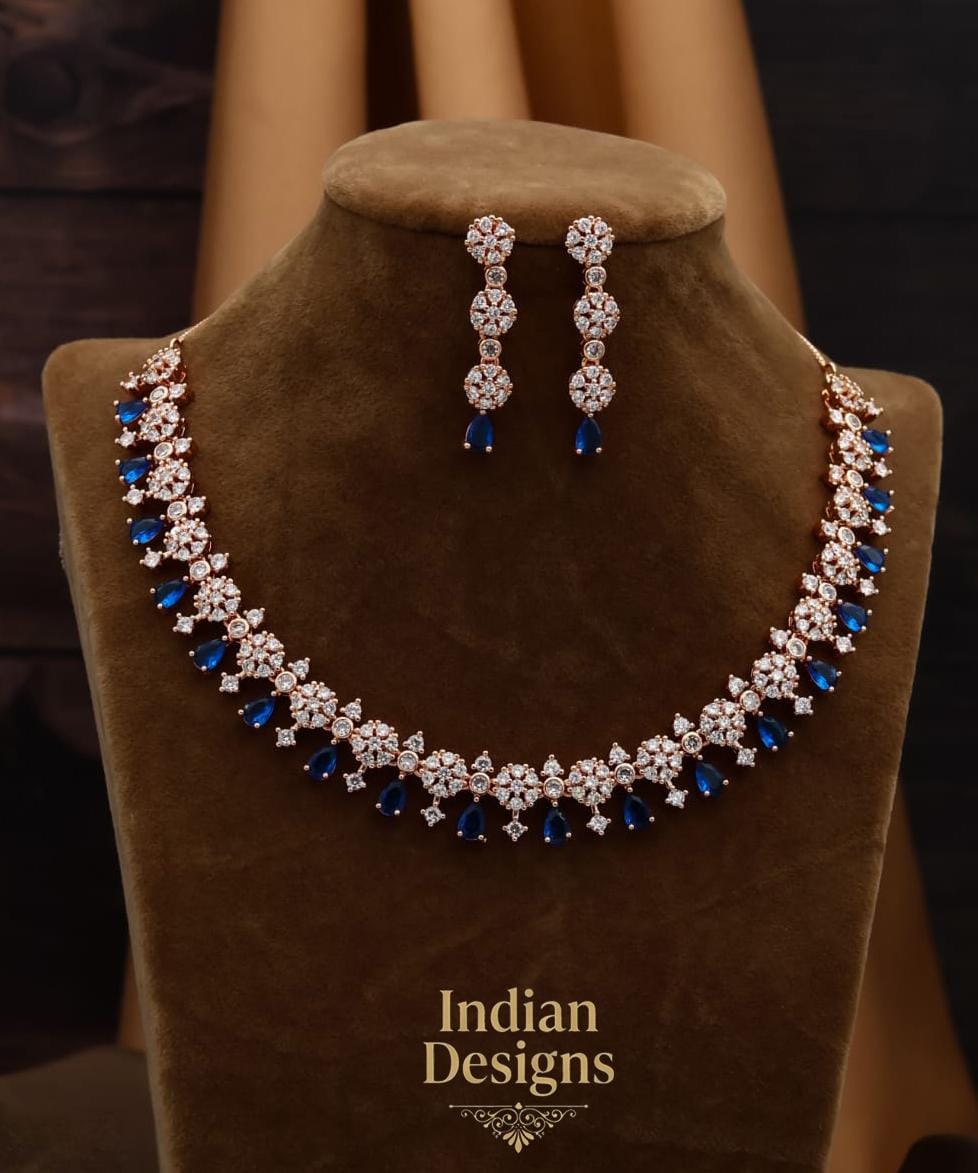 American Diamond Rose Gold necklace with Oxidized Polish | Bell Design CZ Diamond Designer necklace | High Grade American Diamond Necklaces
