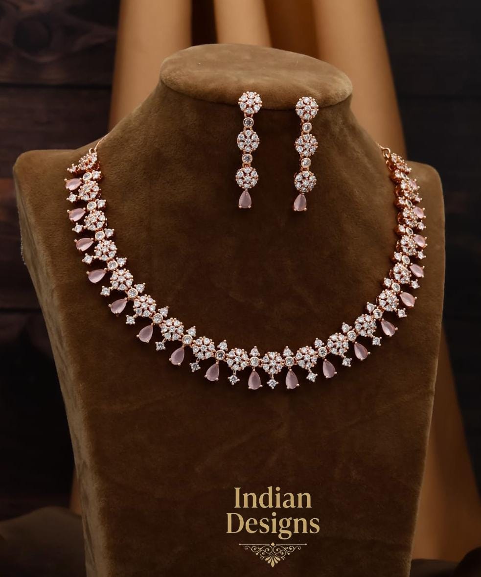 American Diamond Rose Gold necklace with Oxidized Polish | Bell Design CZ Diamond Designer necklace | High Grade American Diamond Necklaces