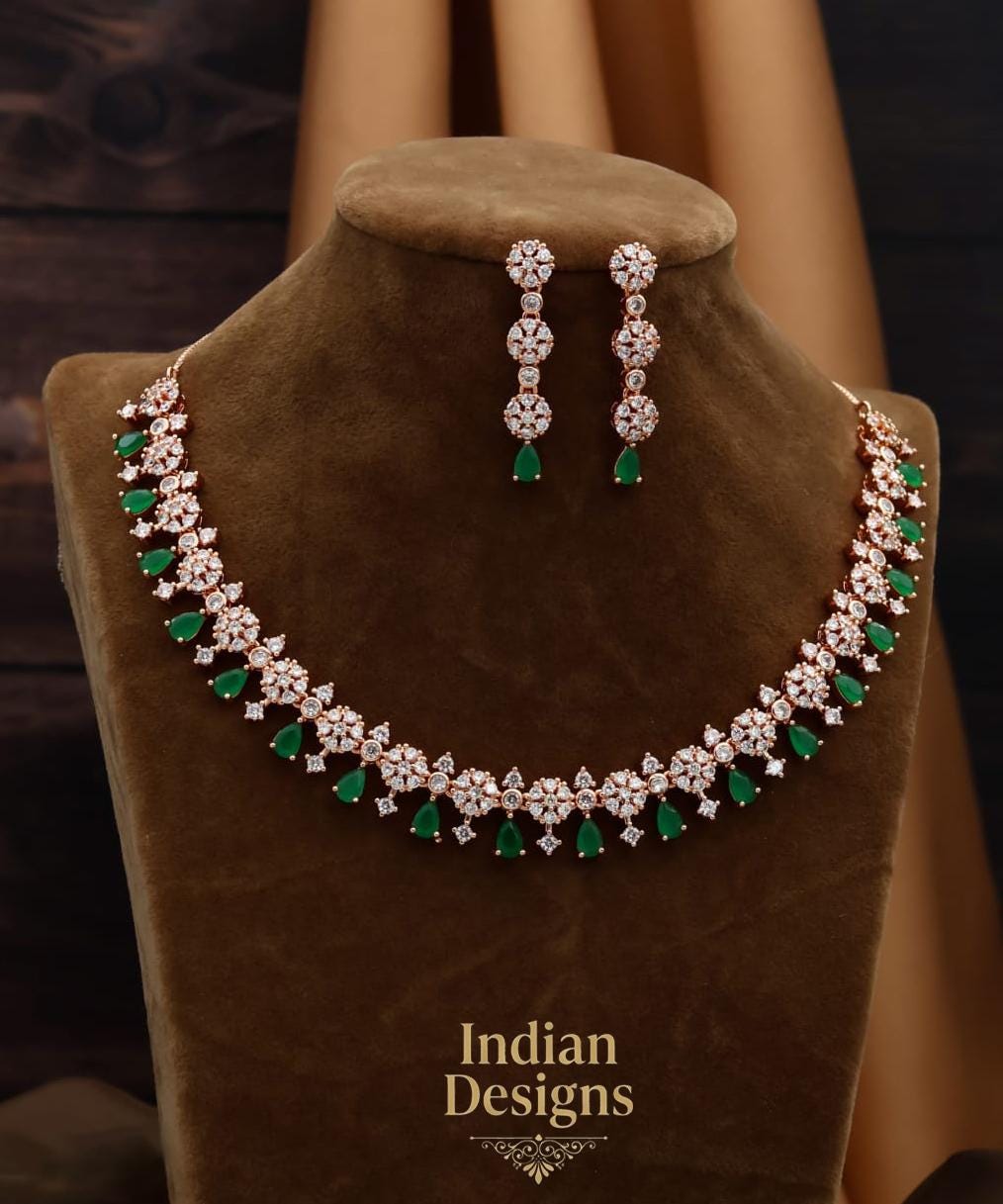 American Diamond Rose Gold necklace with Oxidized Polish | Bell Design CZ Diamond Designer necklace | High Grade American Diamond Necklaces