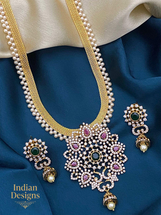 South Indian Guttapusalu Necklace Set with Ruby & Emerald Stones| Gold Plated Long Haram Necklace| Traditional Pearl Mala Jewelry Set