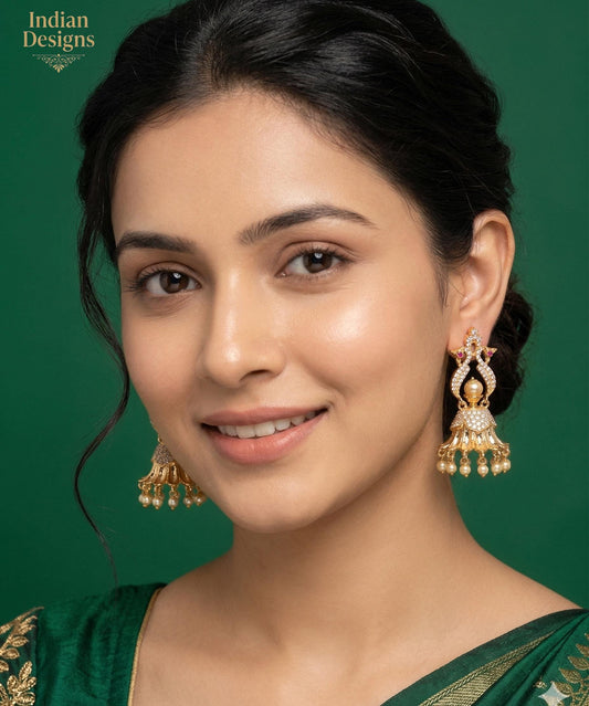 Gold Plated Pearl jhumka earrings| Ad stone Bridal jhumka earrings| South Indian wedding Jhumka Jhumki earrings| AmericanDiamond earrings
