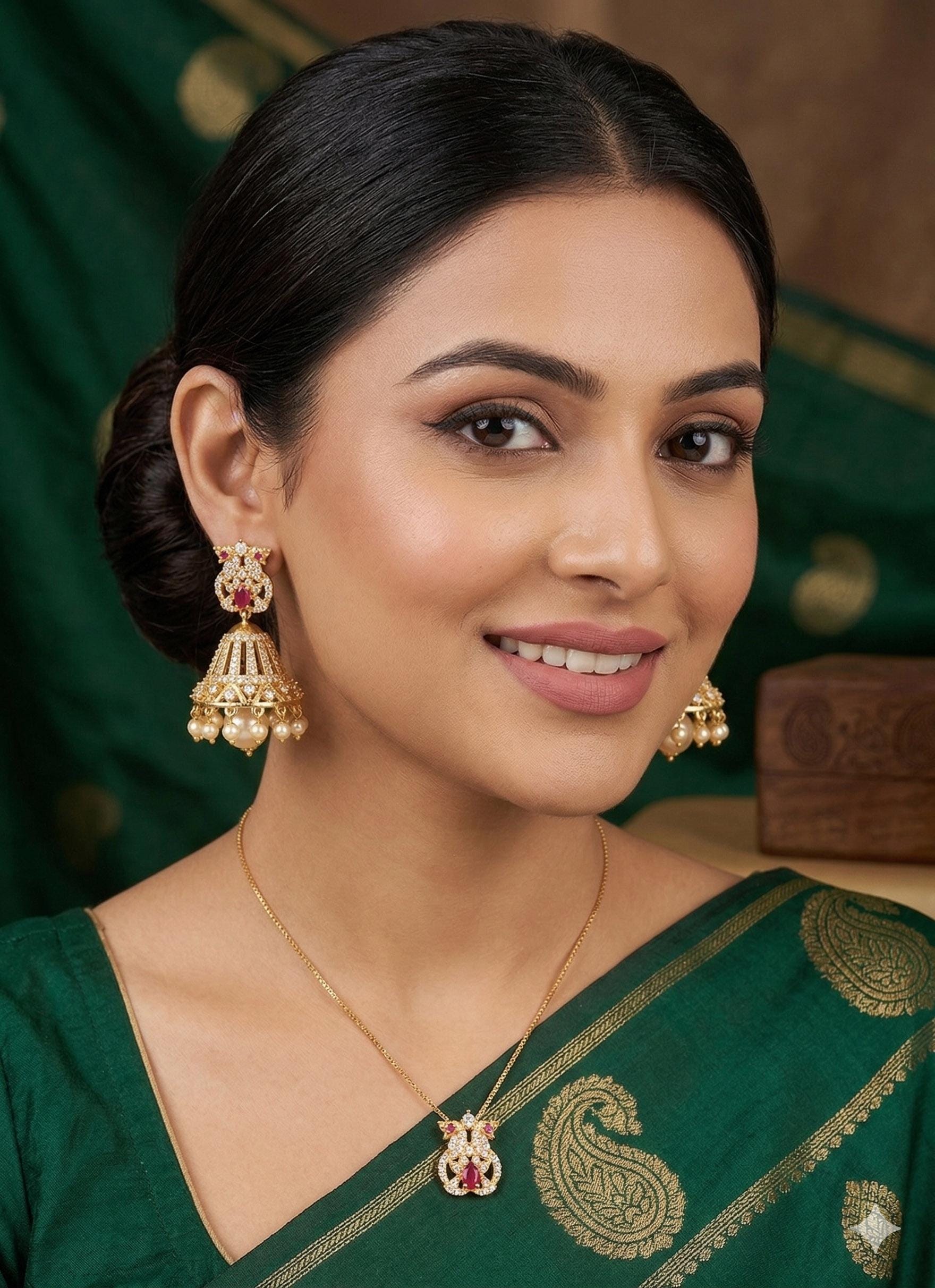 Gold Plated Pearl jhumka earrings| Ad stone Bridal jhumka earrings| South Indian wedding Jhumka Jhumki earrings| AmericanDiamond earrings