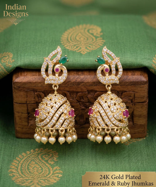 Gold Plated Pearl jhumka earrings| Ad stone Bridal jhumka earrings| South Indian wedding Jhumka Jhumki earrings| AmericanDiamond earrings