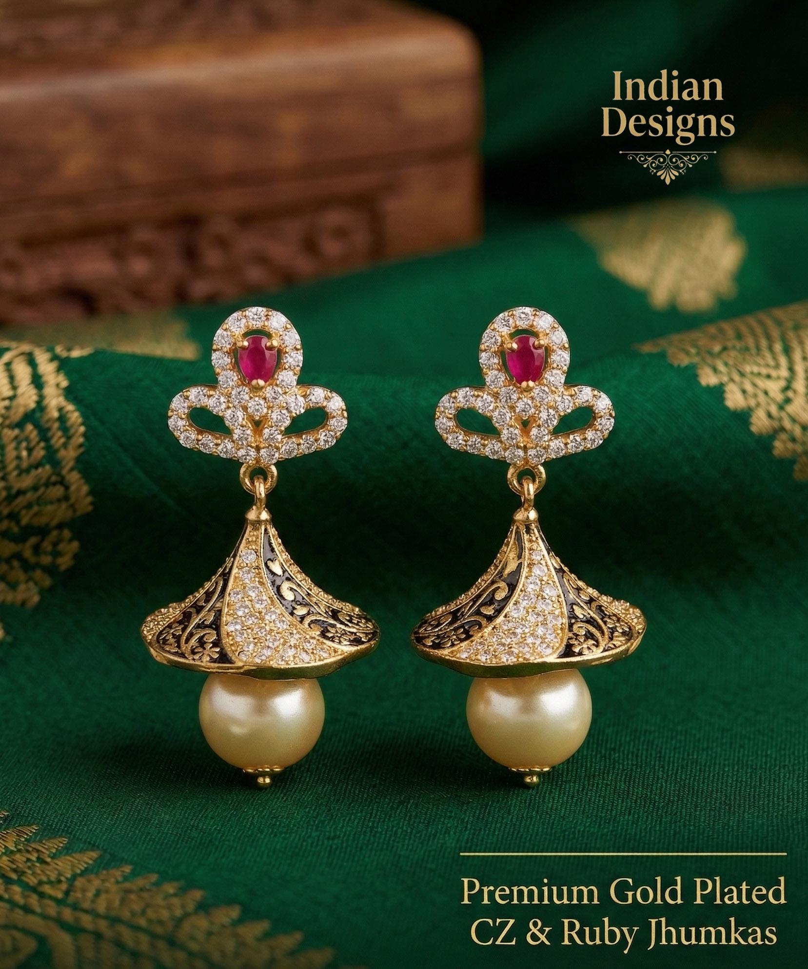 CZ Fashion Jewelry Ethnic Pearl Jhumka Earrings|American Diamond Clear CZ Fashion Jewelry|South Indian Earrings|Artificial Jewelry