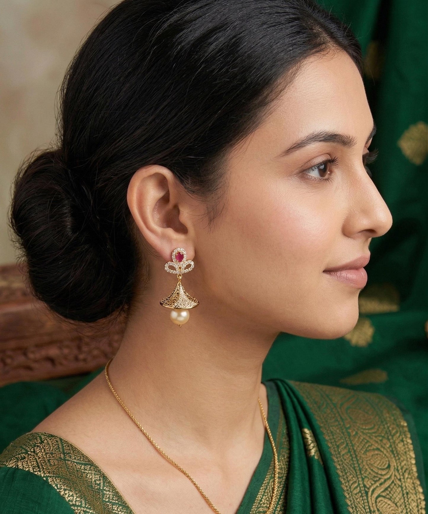 CZ Fashion Jewelry Ethnic Pearl Jhumka Earrings|American Diamond Clear CZ Fashion Jewelry|South Indian Earrings|Artificial Jewelry