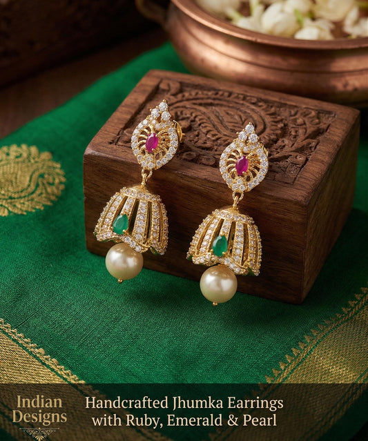 CZ Fashion Jewelry Ethnic Pearl Jhumka Earrings|American Diamond Clear CZ Fashion Jewelry|South Indian Earrings|Artificial Jewelry