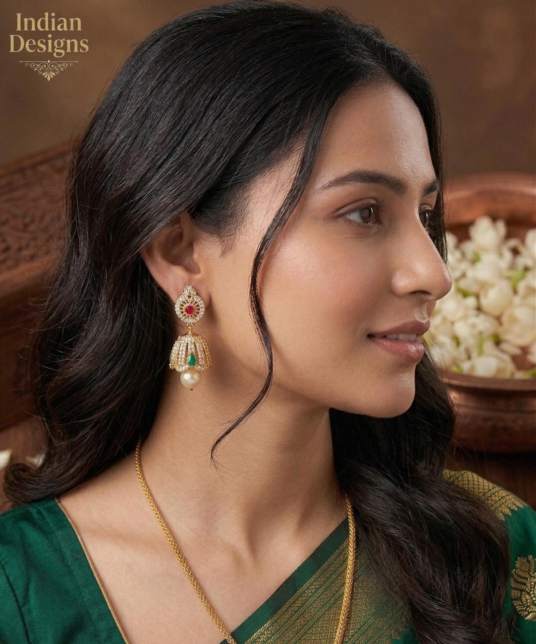 CZ Fashion Jewelry Ethnic Pearl Jhumka Earrings|American Diamond Clear CZ Fashion Jewelry|South Indian Earrings|Artificial Jewelry