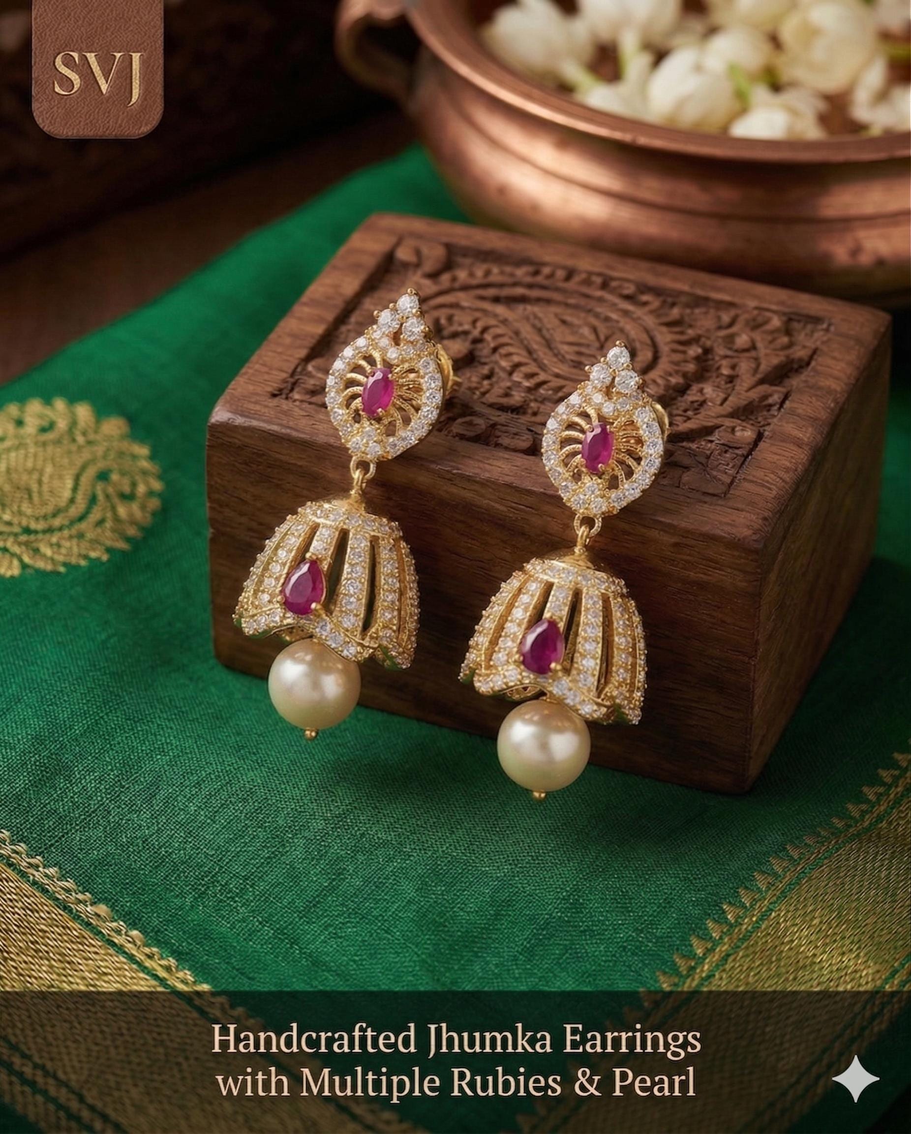 CZ Fashion Jewelry Ethnic Pearl Jhumka Earrings|American Diamond Clear CZ Fashion Jewelry|South Indian Earrings|Artificial Jewelry