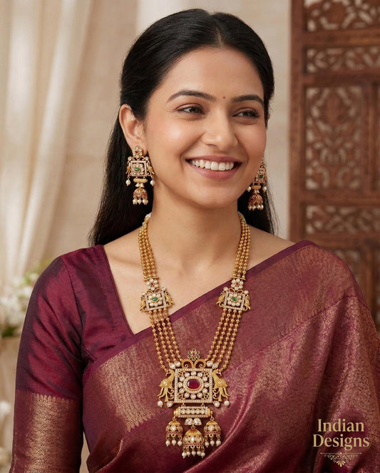 Temple Style Gold Tone Necklace with Earrings| South Indian Bridal Jewelry| Antique Finish Long Haram| Ruby Green Stone Pendant| Gift set