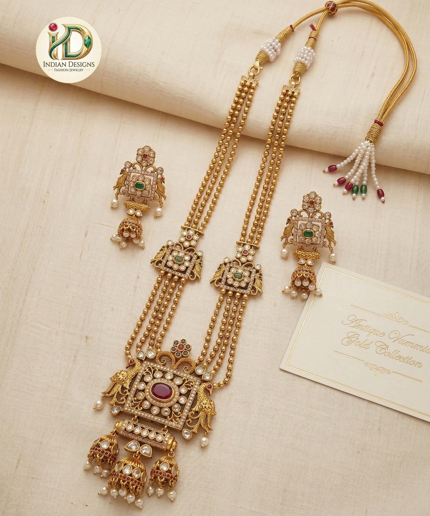 Temple Style Gold Tone Necklace with Earrings| South Indian Bridal Jewelry| Antique Finish Long Haram| Ruby Green Stone Pendant| Gift set