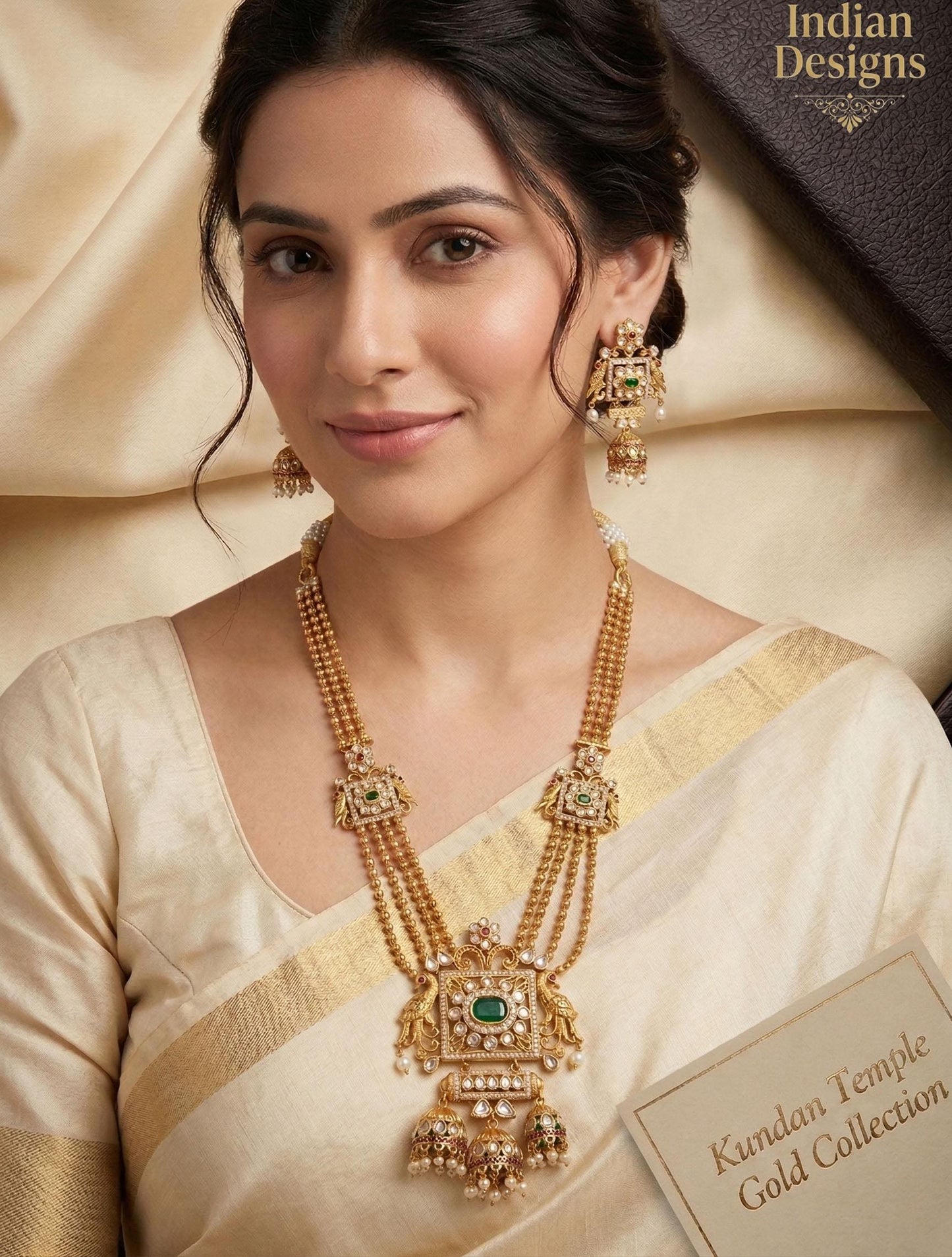 Temple Style Gold Tone Necklace with Earrings| South Indian Bridal Jewelry| Antique Finish Long Haram| Ruby Green Stone Pendant| Gift set