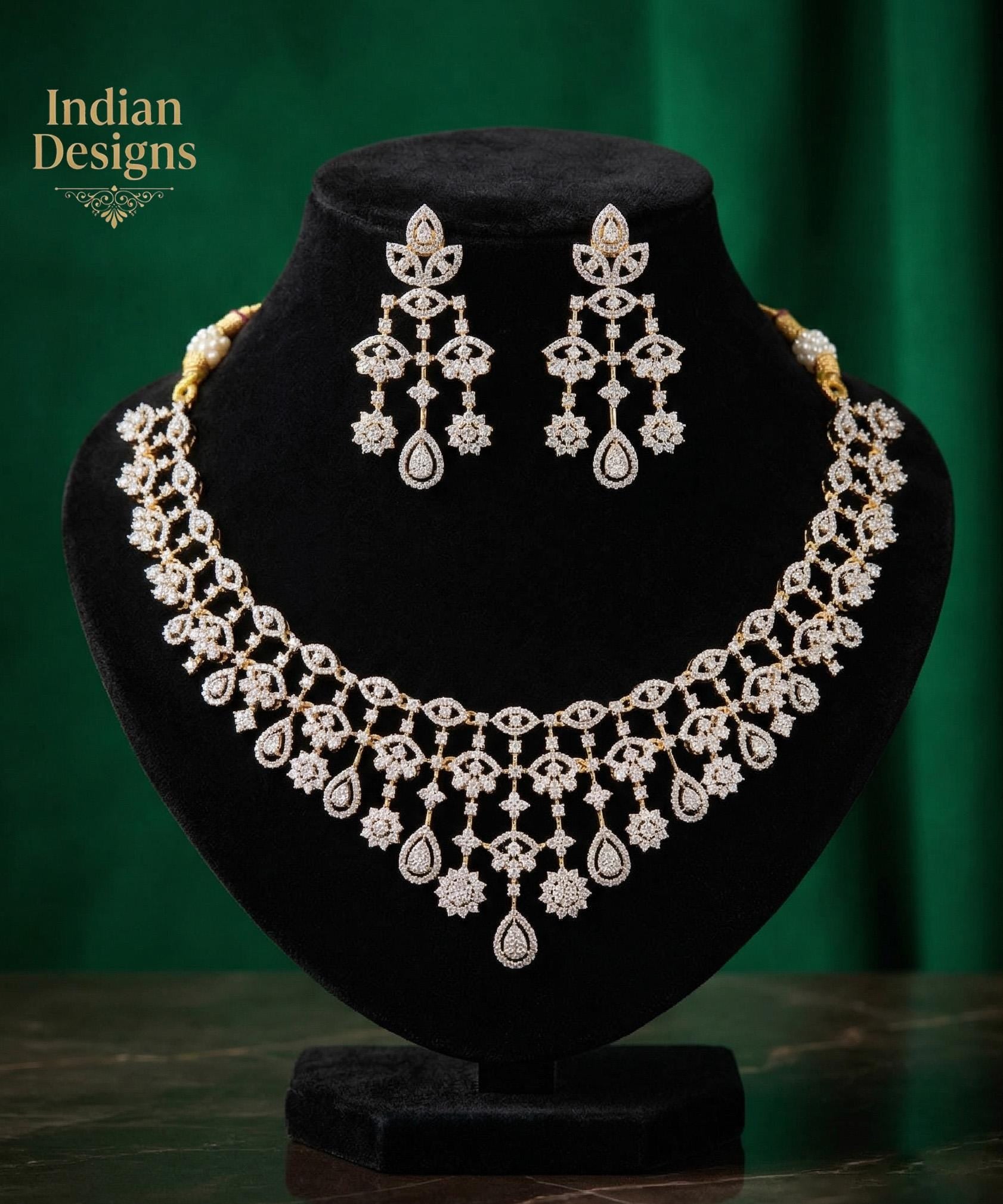 Luxury AD Necklace Set with Earrings | CZ Choker Necklace | Bridal Wedding Jewelry | Gold Finish American Diamond Necklace| Gift for Her