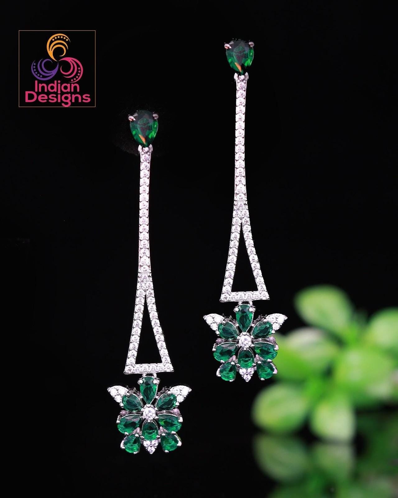 American Diamond CZ crystal Long Minimalist Floral Earrings