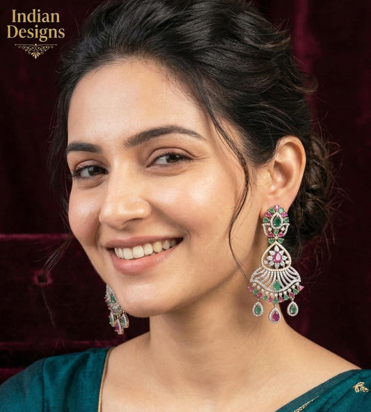 Two Tone Silver Golden Plated Antique Finish Oxidized Earrings with Clear Stones