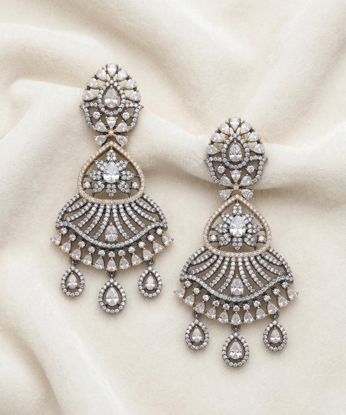 Two Tone Silver Golden Plated Antique Finish Oxidized Earrings with Clear Stones