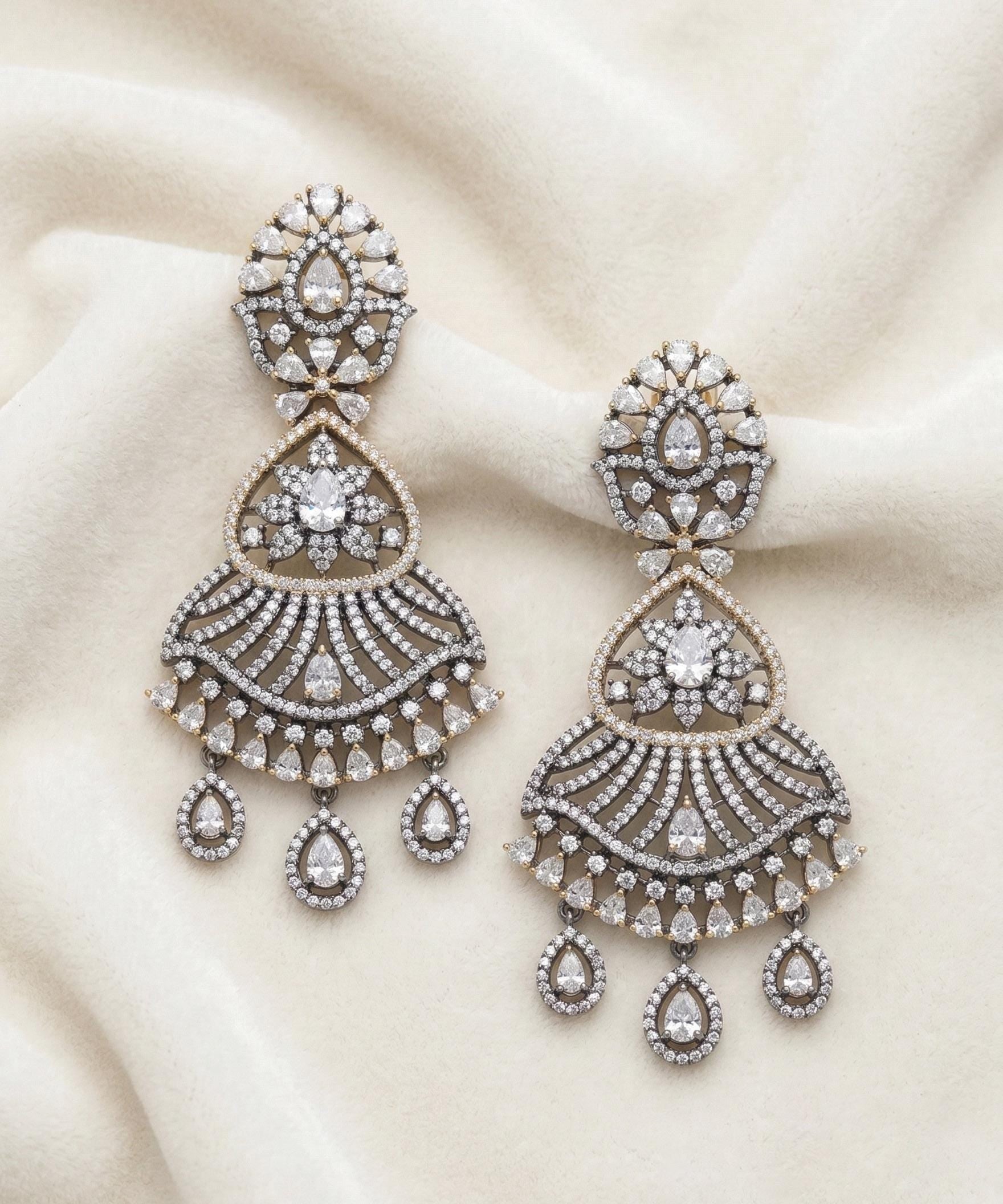 Two Tone Silver Golden Plated Antique Finish Oxidized Earrings with Clear Stones