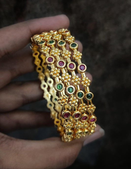 Gold plated bangles with ruby and green stones set of 4| south indian style floral design bangles| daily-wear bangles| stylish gift for her