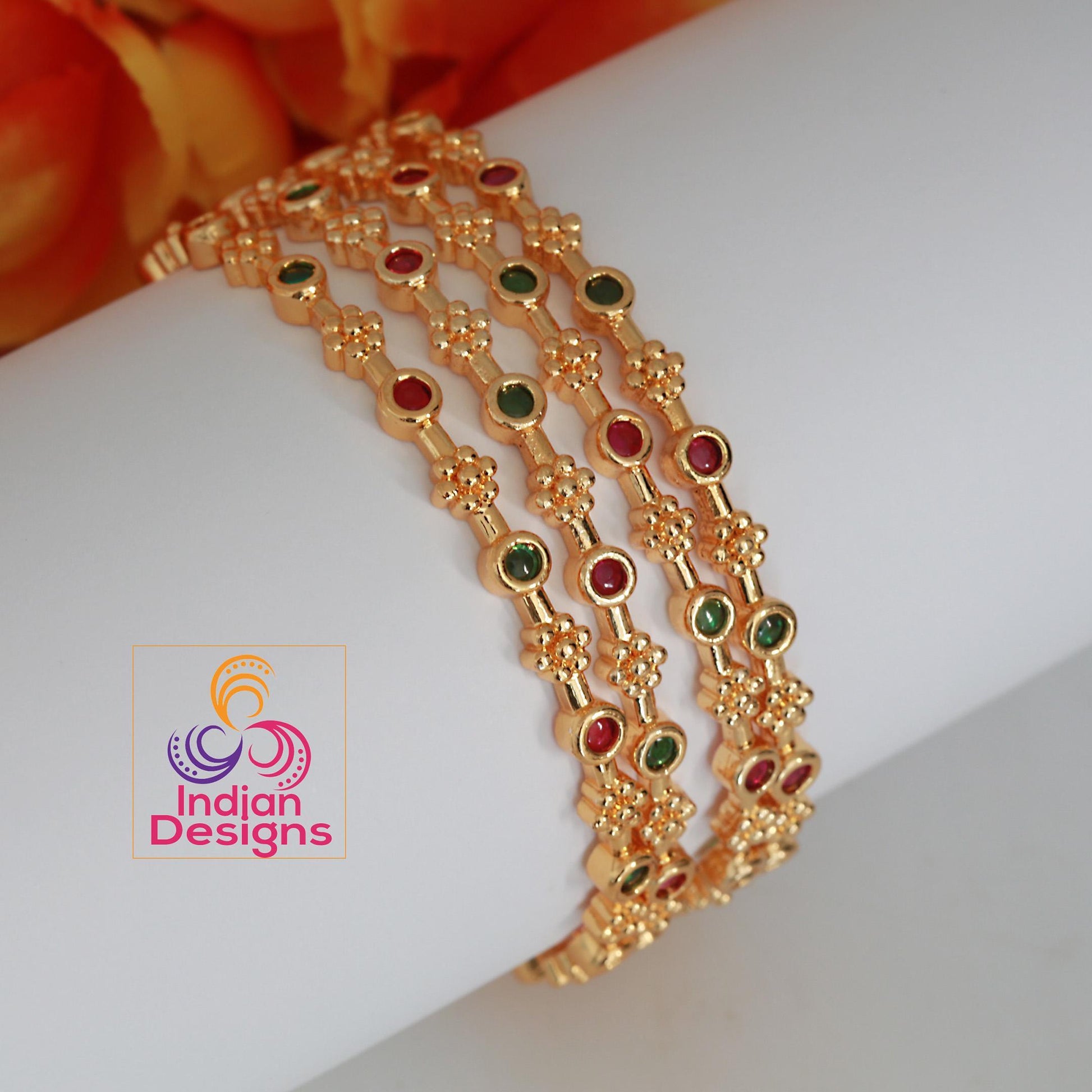 Gold plated bangles with ruby and green stones set of 4| south indian style floral design bangles| daily-wear bangles| stylish gift for her