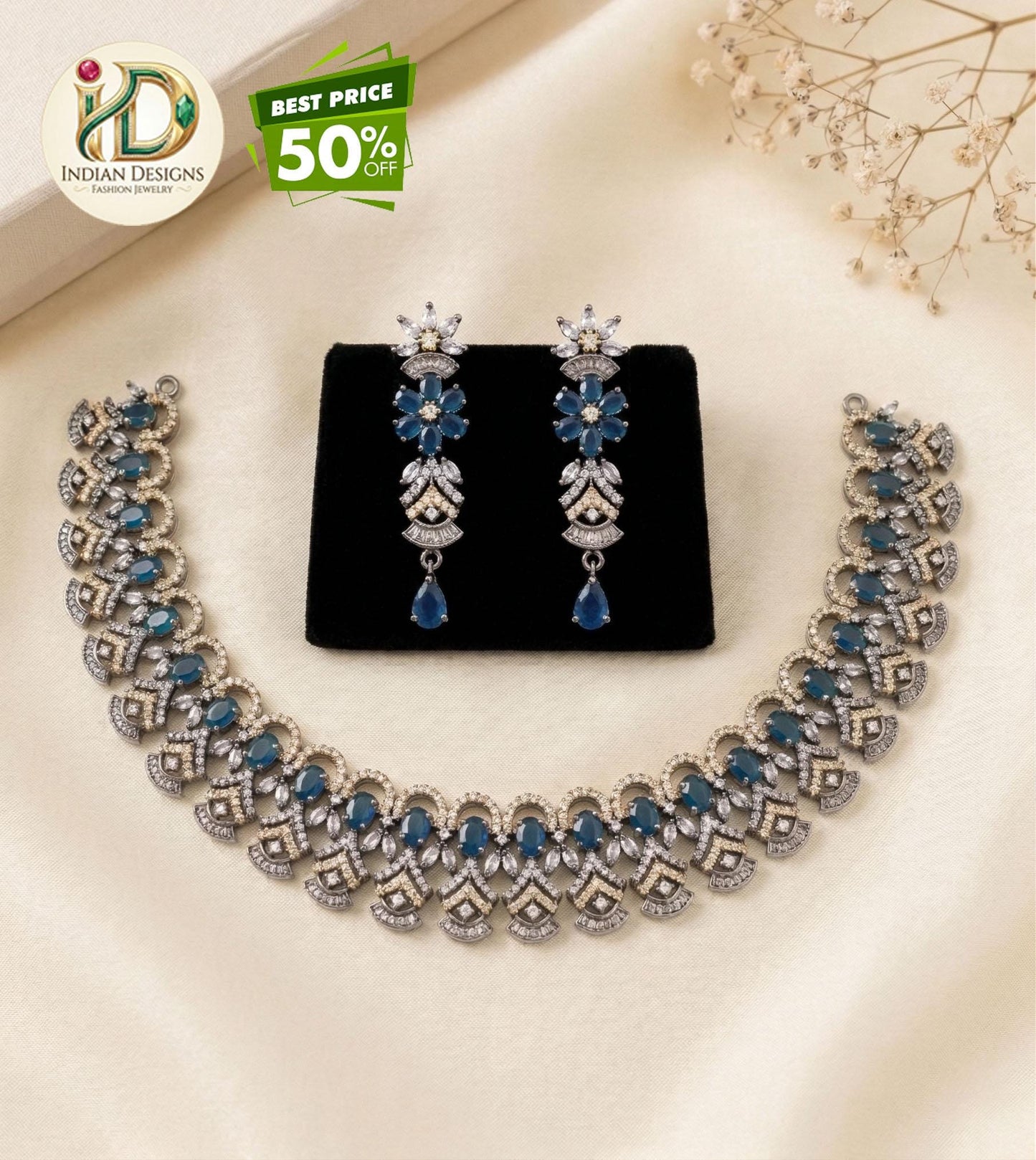 Black Rhodium Emerald Blue AD Necklace Set| CZ Topaz stone Indian Wedding Jewelry Set| Statement Choker Necklace Earrings| Bridal Jewelry