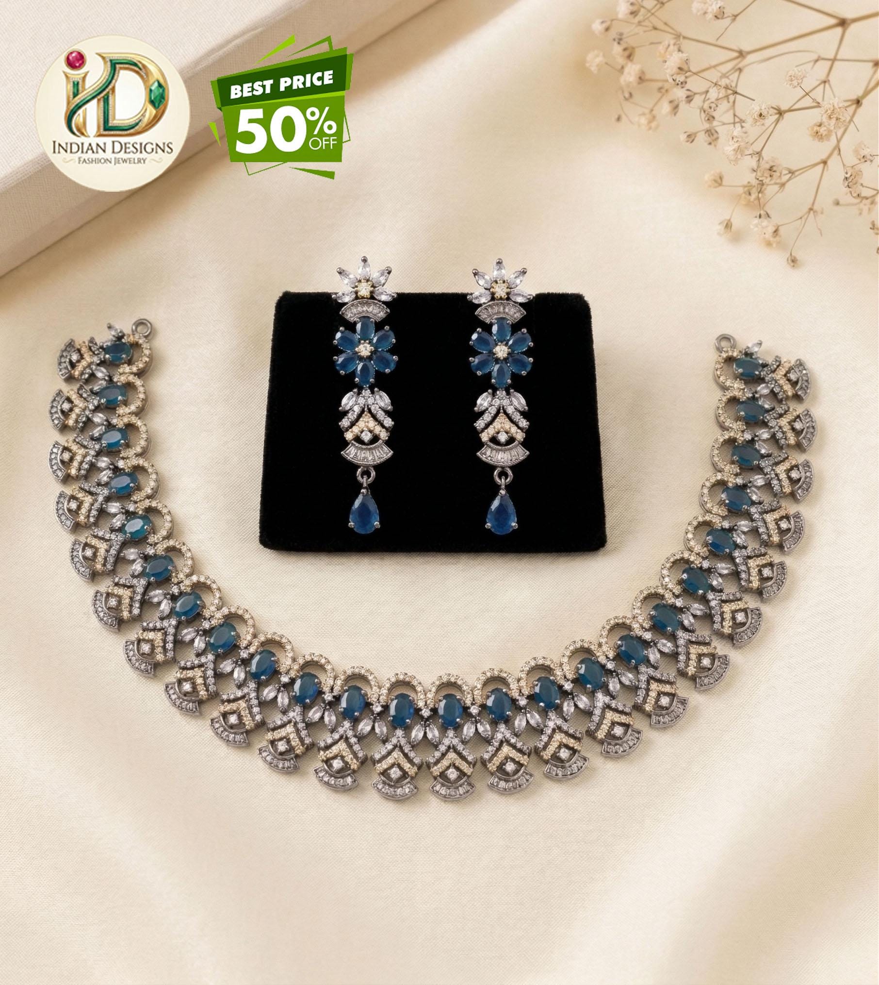 Black Rhodium Emerald Blue AD Necklace Set| CZ Topaz stone Indian Wedding Jewelry Set| Statement Choker Necklace Earrings| Bridal Jewelry