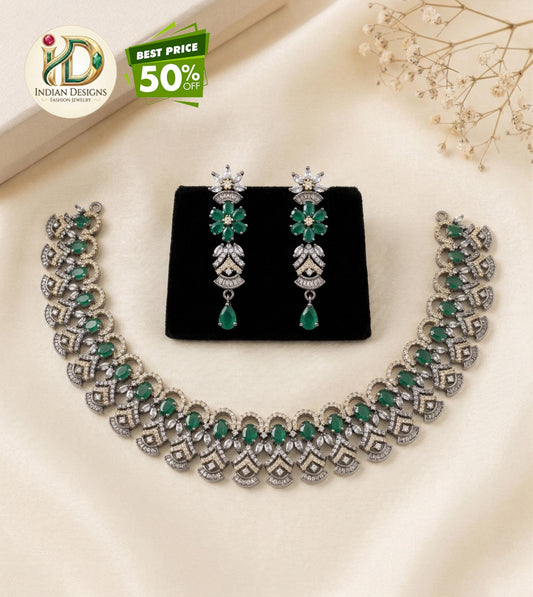 Black Rhodium Emerald Blue AD Necklace Set| CZ Topaz stone Indian Wedding Jewelry Set| Statement Choker Necklace Earrings| Bridal Jewelry