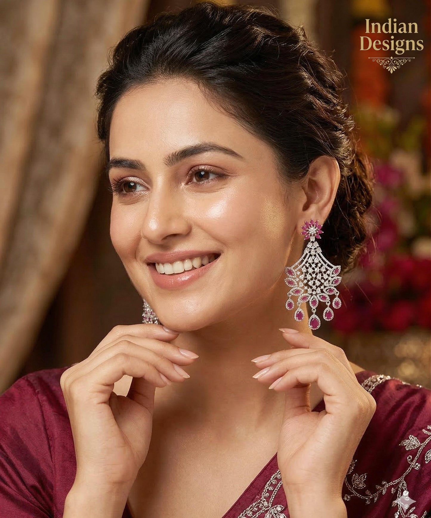 CZ stone Indian Earrings| Large Bridal Statement Jhumka| Ruby Pink Diamond Drop Earrings| Bollywood Party Wear Earrings| Gift for Her
