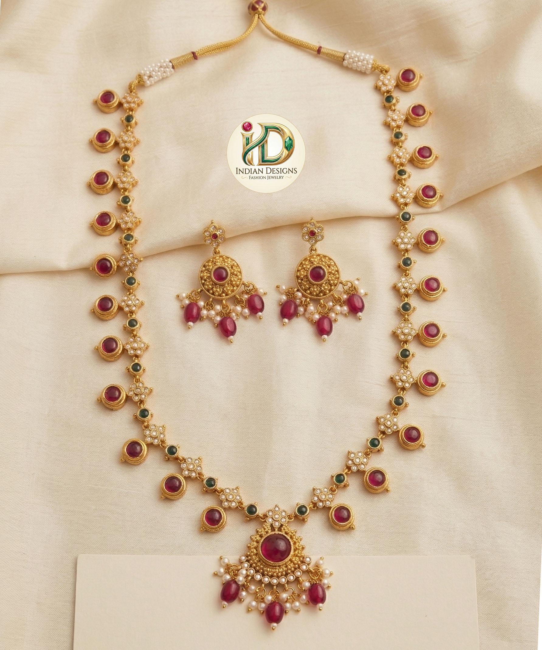 Matte Gold Kemp Necklace Set with Earrings| Traditional South Indian Temple Jewelry for Women| Ruby & Emerald Guttapusalu Haram|Gift for her