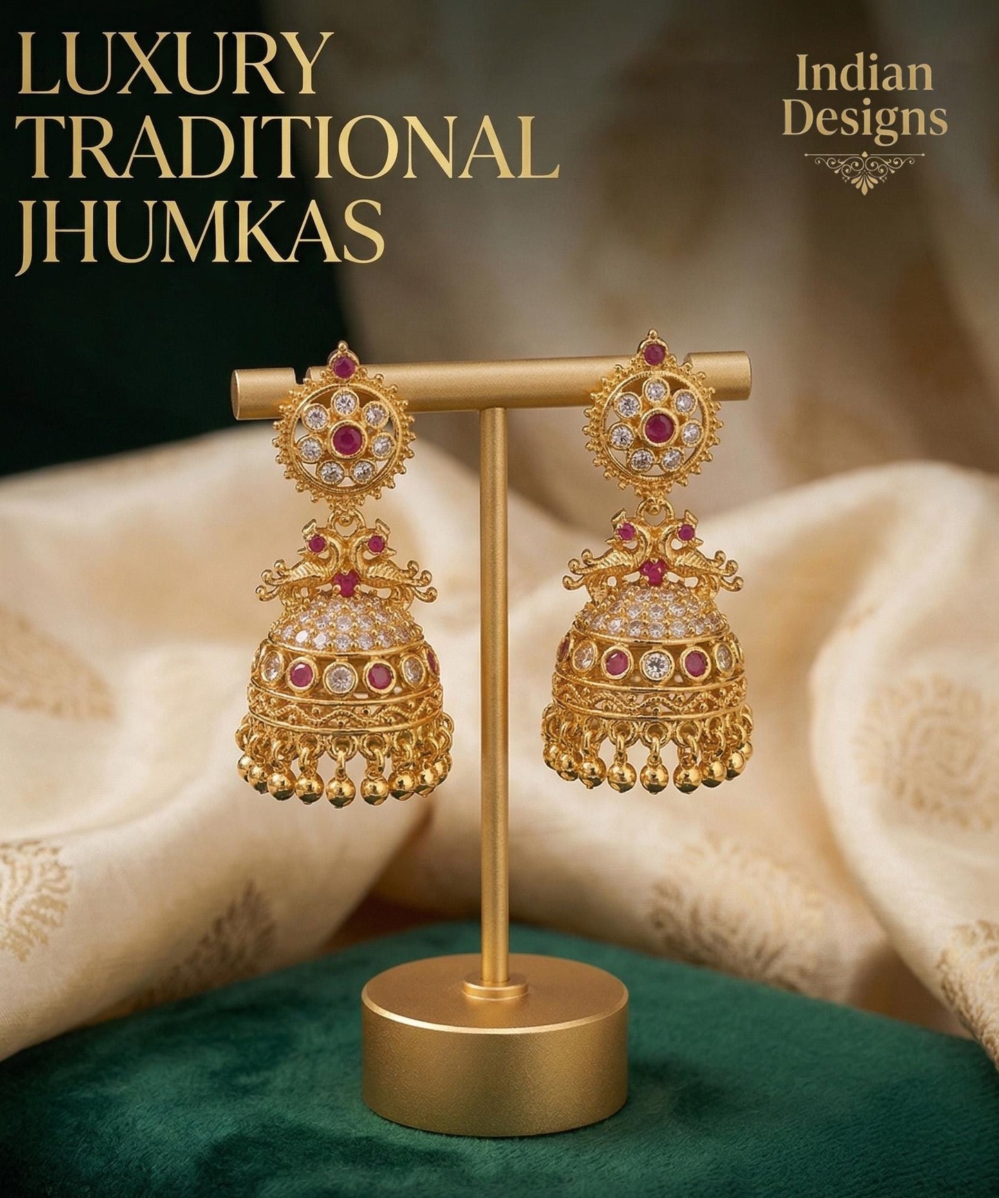 24K Gold Plated AD Jhumkas| Traditional South Indian Peacock jhumki| Ruby Emerald Temple Jewelry| Small Gold Jhumka Earrings| Gifts for Her