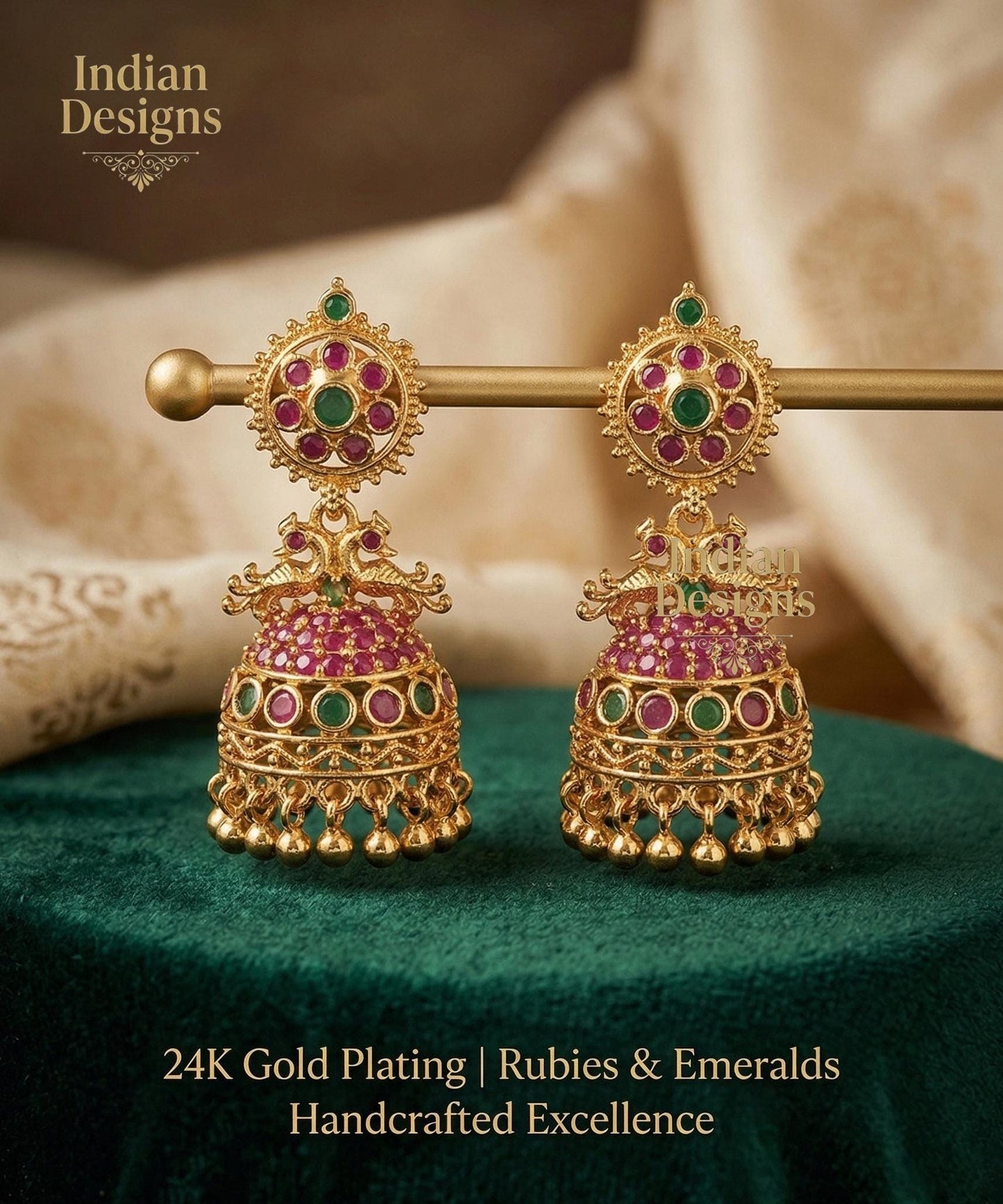 24K Gold Plated AD Jhumkas| Traditional South Indian Peacock jhumki| Ruby Emerald Temple Jewelry| Small Gold Jhumka Earrings| Gifts for Her
