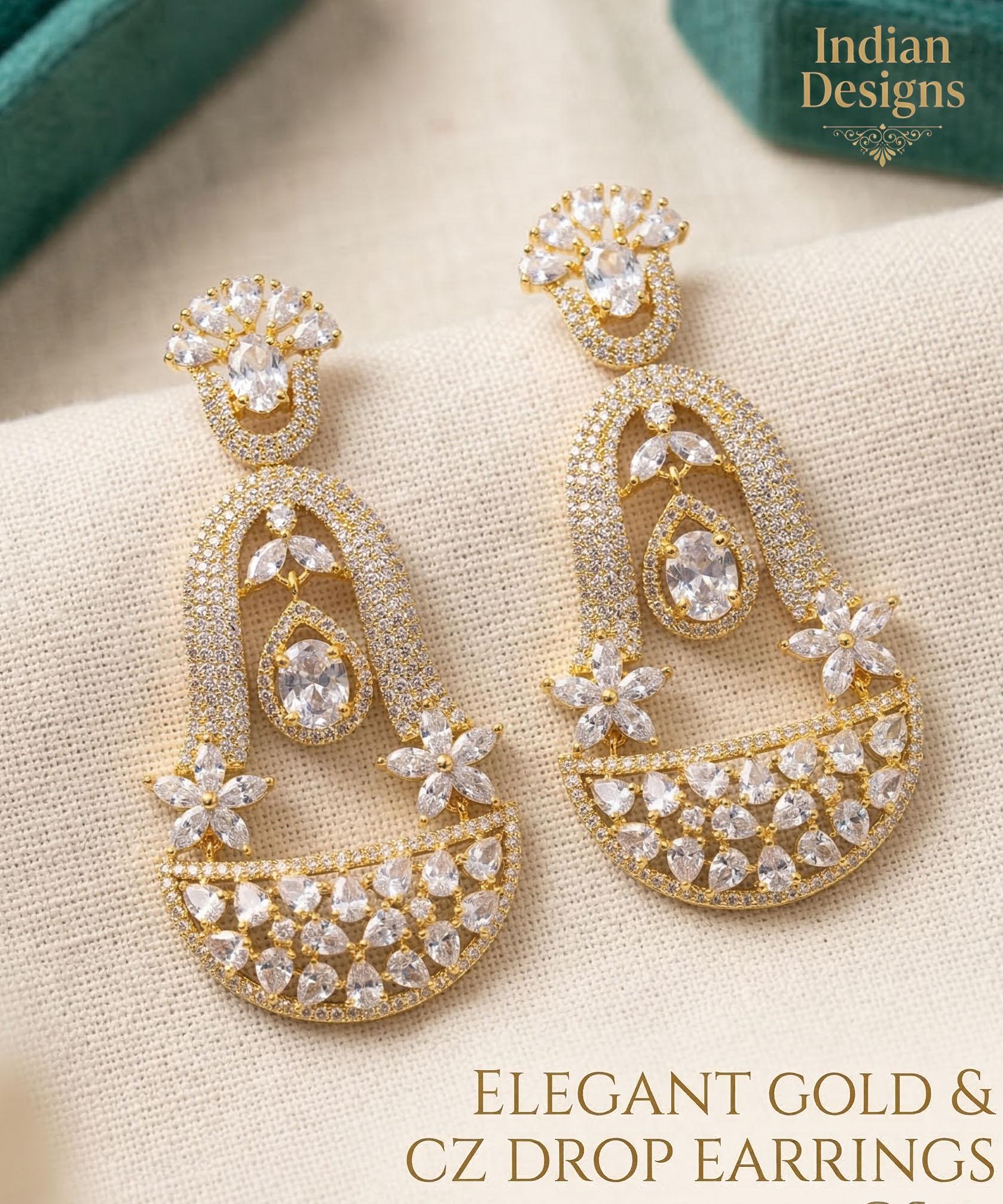 Gold tone Crystal chandelier earrings| Bollywood Statement Earrings| American Diamond Chandbali| Indian CZ Bell Drop Earrings| Gift for her
