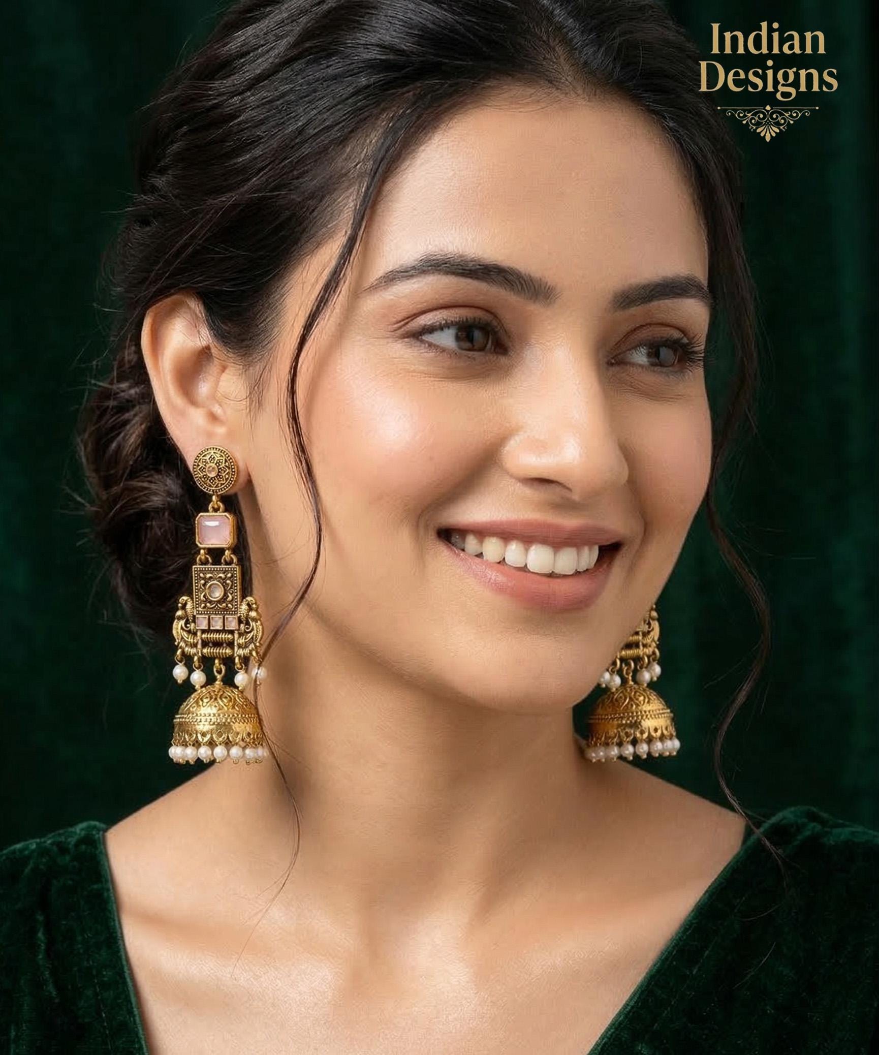 Antique Gold long Jhumka Earrings| temple style pearl drop stone earrings| traditional traditional indian wedding jewelry| Baby Pink & Green