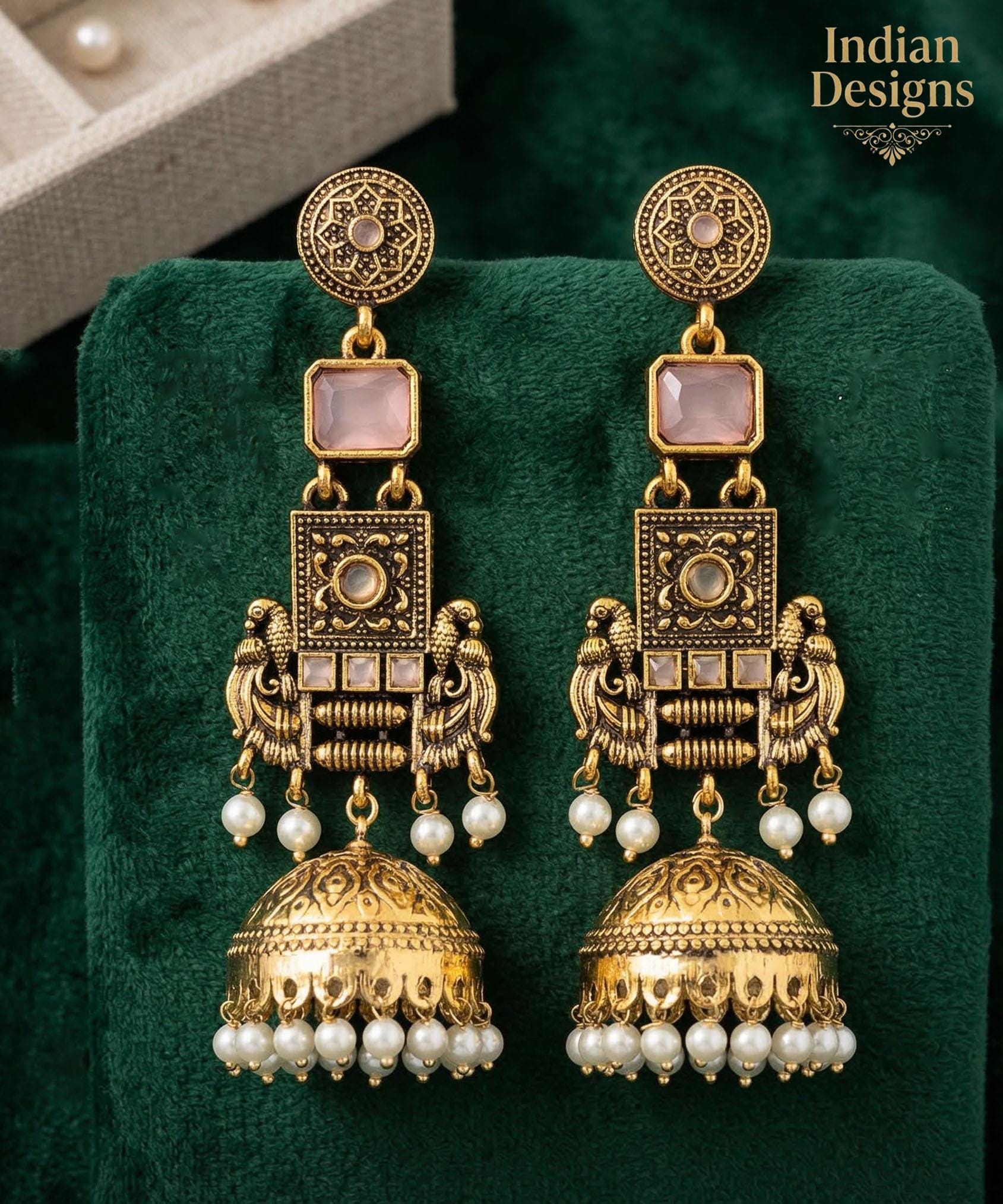 Antique Gold long Jhumka Earrings| temple style pearl drop stone earrings| traditional traditional indian wedding jewelry| Baby Pink & Green