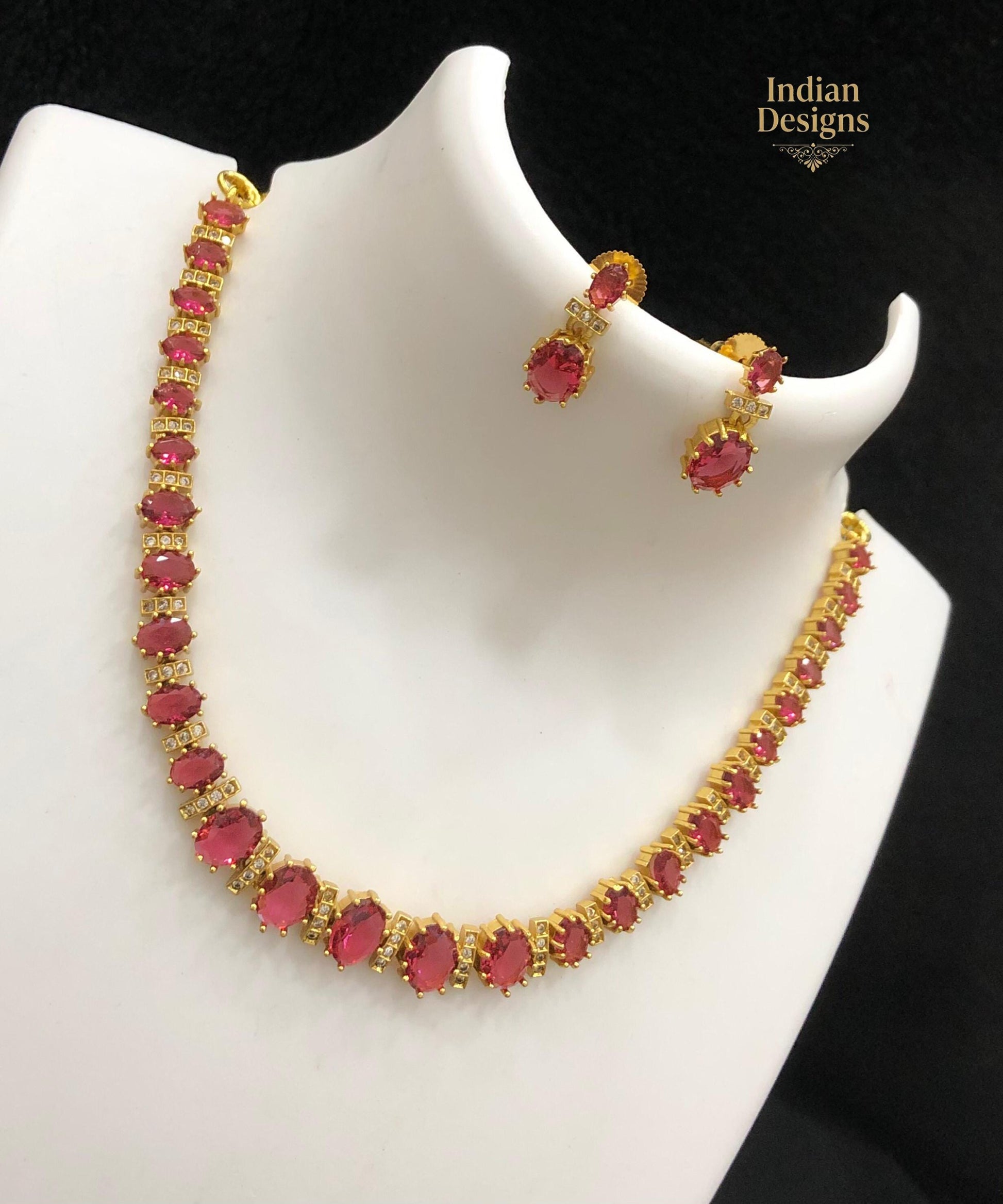 Oval CZ stone Tennis Necklace Set with Earrings| Gold Plated Jewelry Set in Blue, Green, Red, Purple CZ| Wedding Bridal Jewelry|Gift for Her