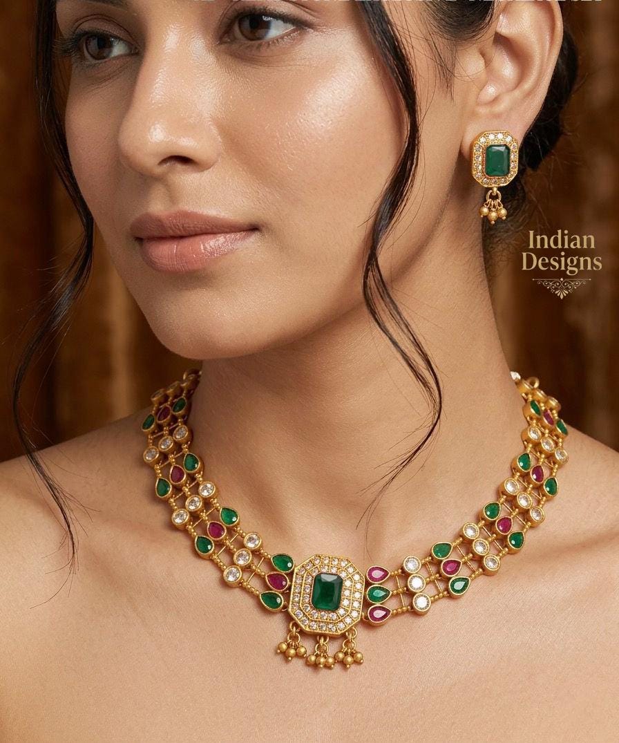 Traditional South Indian Choker| Matte Gold Emerald Ruby Necklace Set| Green Red Necklace Set| Kemp stone necklace Earrings| Gift for her