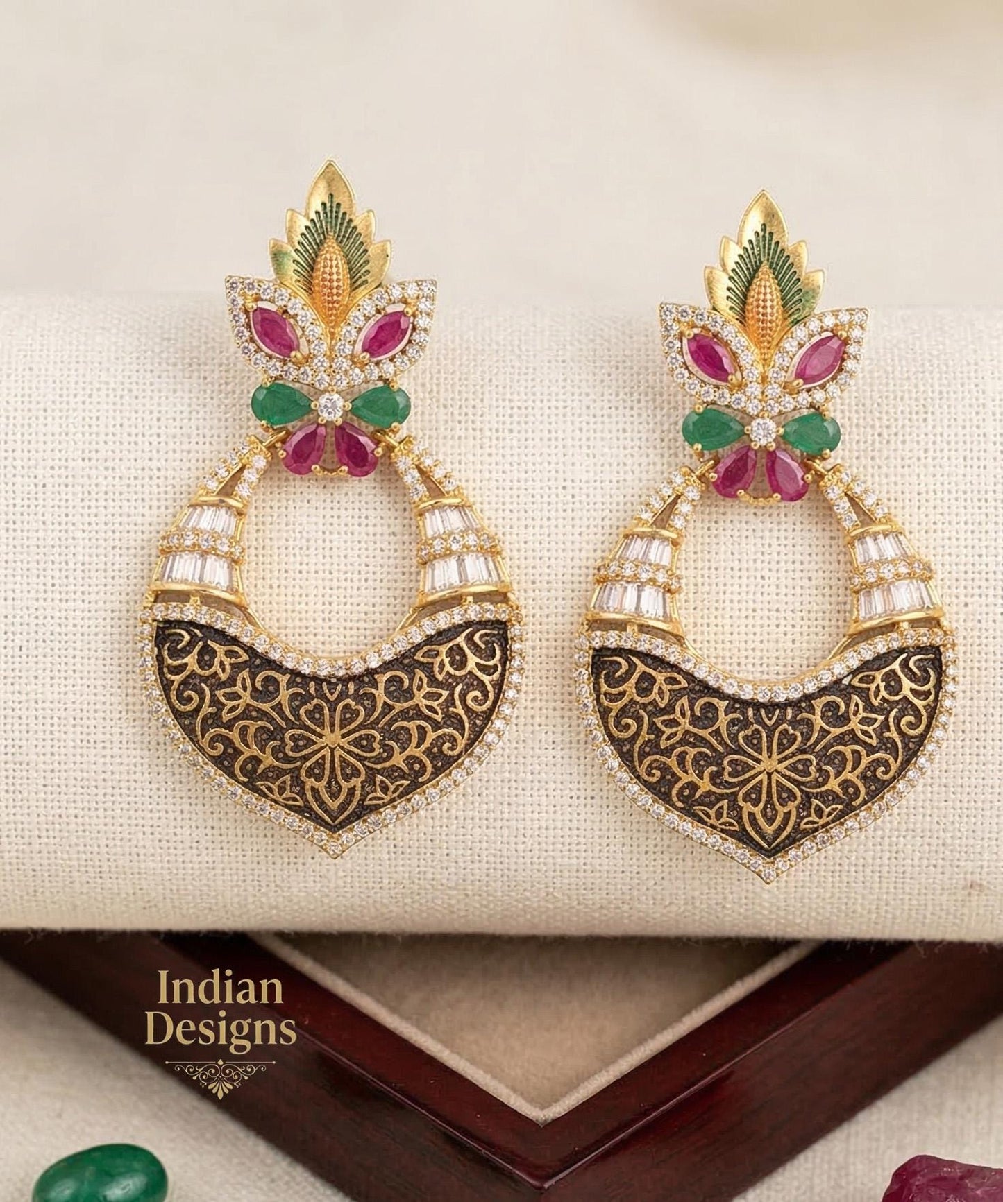 Antique Gold Chandbali Earrings| Indian Nakshi Fusion Jhumka| Ruby Emerald Statement Earrings| Bollywood Party Wear Earrings| Gift for her