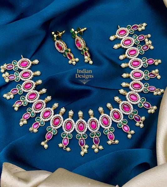 Real kemp stone South Indian necklace|Pink Oval stone Kemp Jewelry|One gram gold necklace Earring set