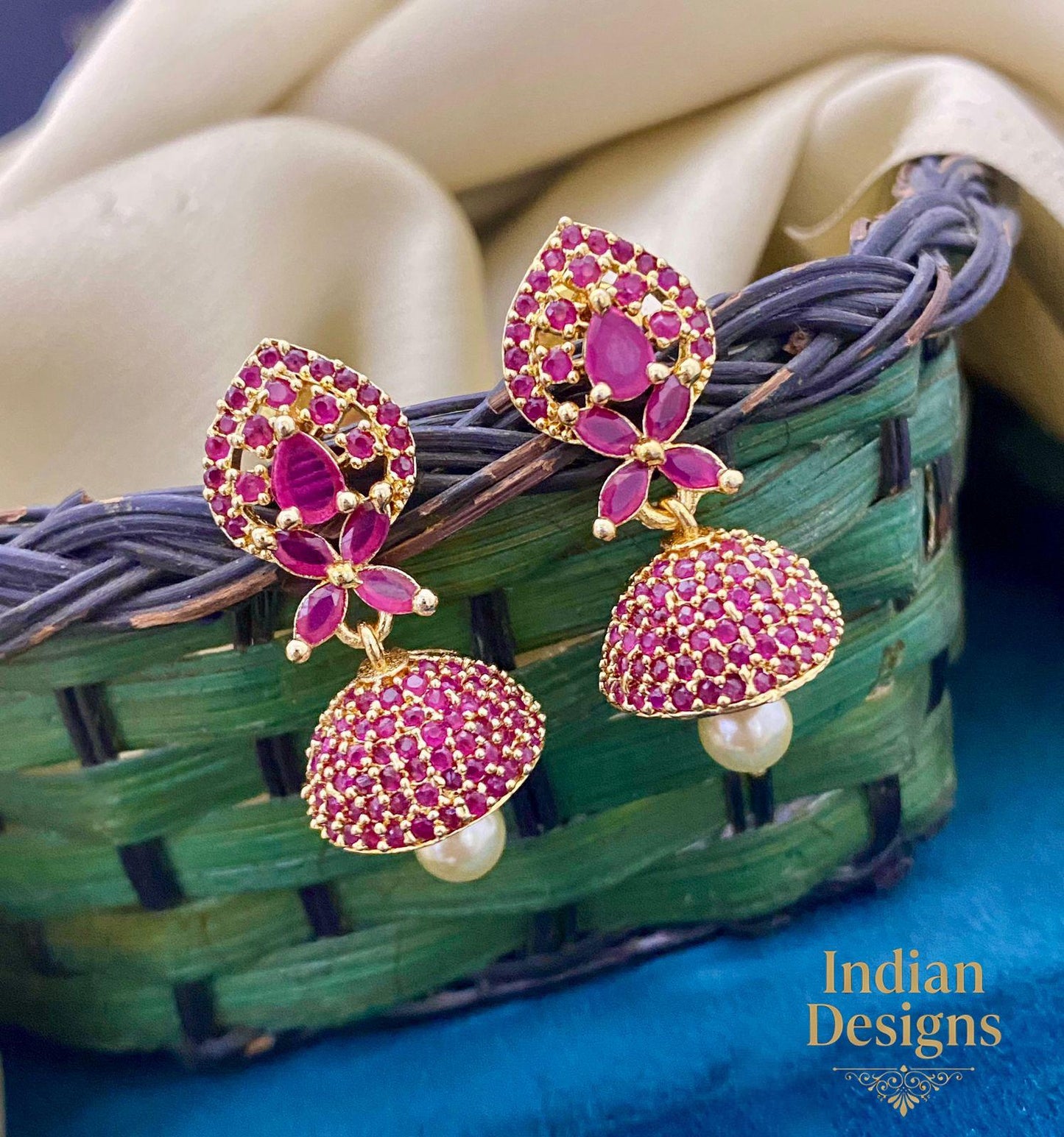 Gold Plated Small Peacock jhumka earrings | Gold tone Ad Bridal jhumka earrings | South Indian wedding earrings | AmericanDiamond earrings