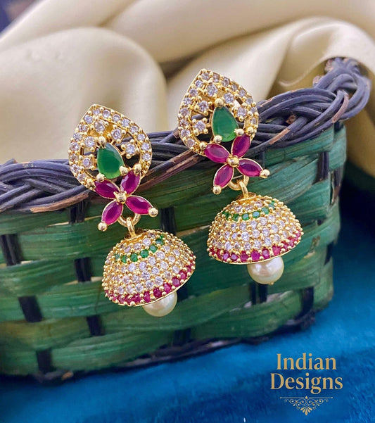 Gold Plated Small Peacock jhumka earrings | Gold tone Ad Bridal jhumka earrings | South Indian wedding earrings | AmericanDiamond earrings