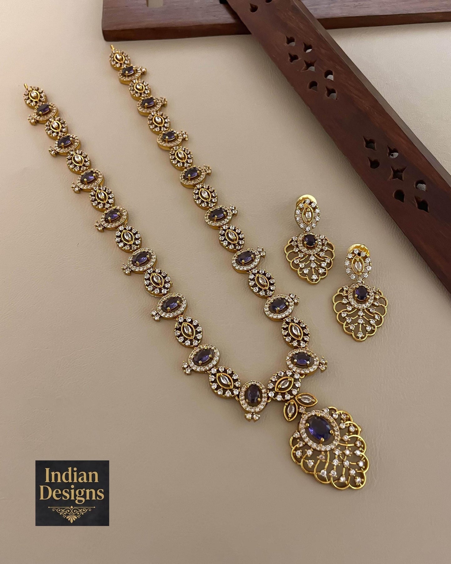 Ruby & Emerald AD Stone Necklace Set| Matte Gold Finish Bridal Jewelry| Long Haram Necklace with Earrings| Indian Wedding Jewelry| Gift set