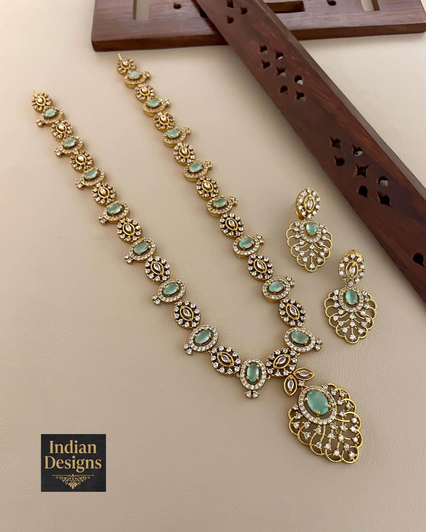Ruby & Emerald AD Stone Necklace Set| Matte Gold Finish Bridal Jewelry| Long Haram Necklace with Earrings| Indian Wedding Jewelry| Gift set