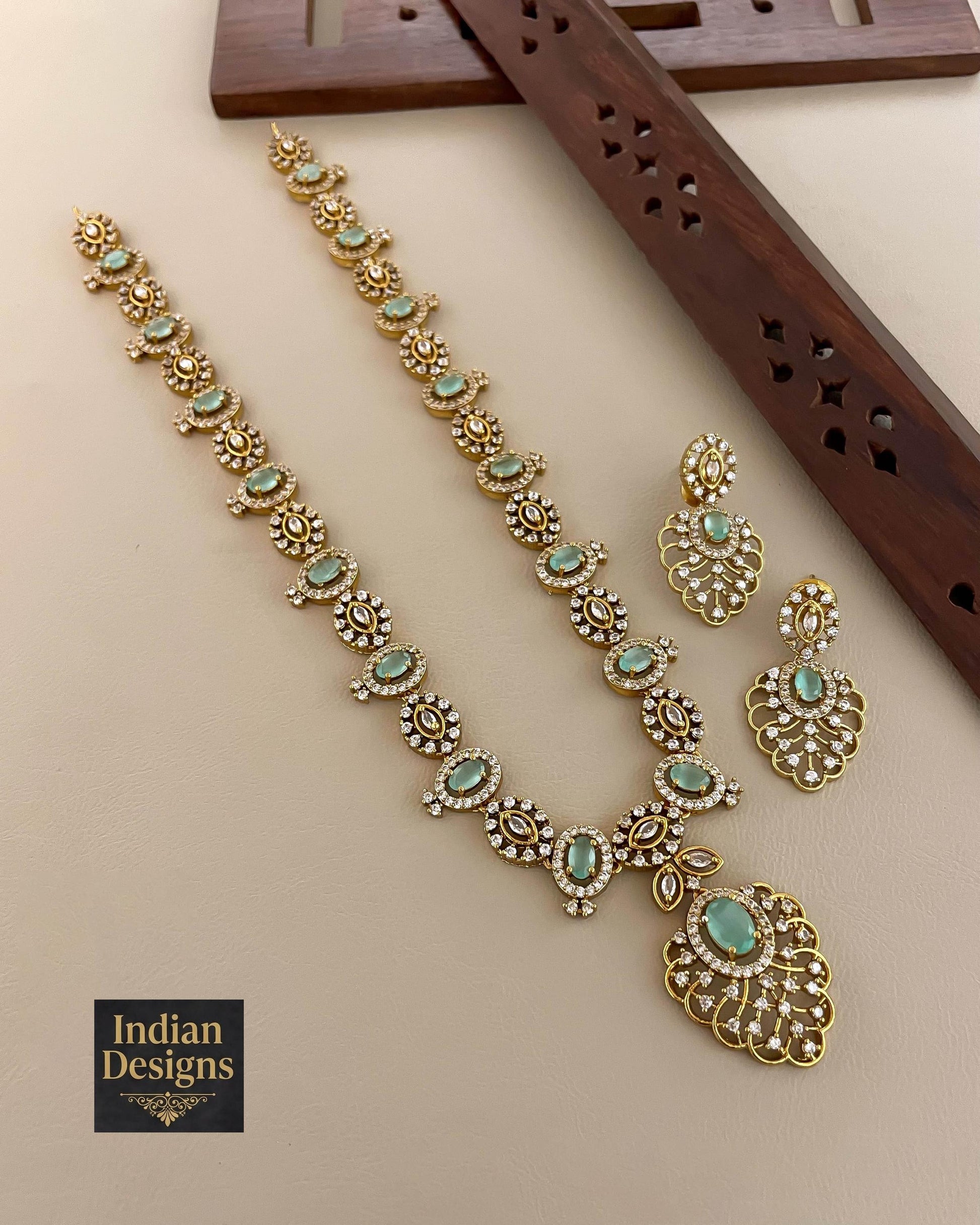 Ruby & Emerald AD Stone Necklace Set| Matte Gold Finish Bridal Jewelry| Long Haram Necklace with Earrings| Indian Wedding Jewelry| Gift set