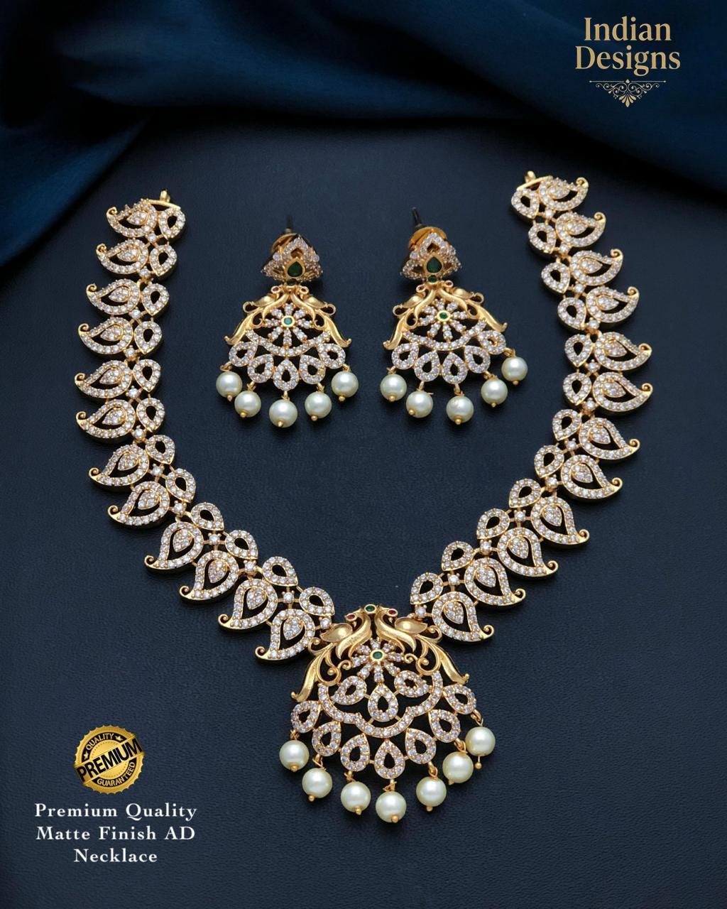 Matte Gold AD Haram Long Necklace & Earring Set| Temple Jewelry with Peacock Pendant| Indian Wedding Traditional Guttapusalu Style Necklace