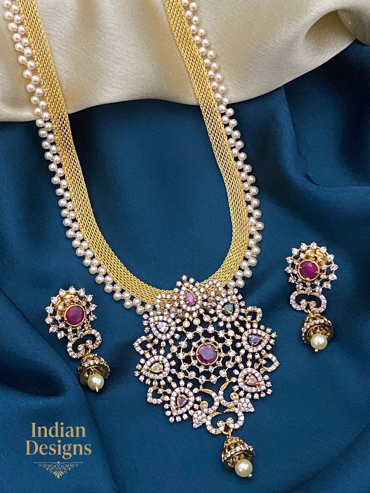 South Indian Guttapusalu Necklace Set with Ruby & Emerald Stones| Gold Plated Long Haram Necklace| Traditional Pearl Mala Jewelry Set