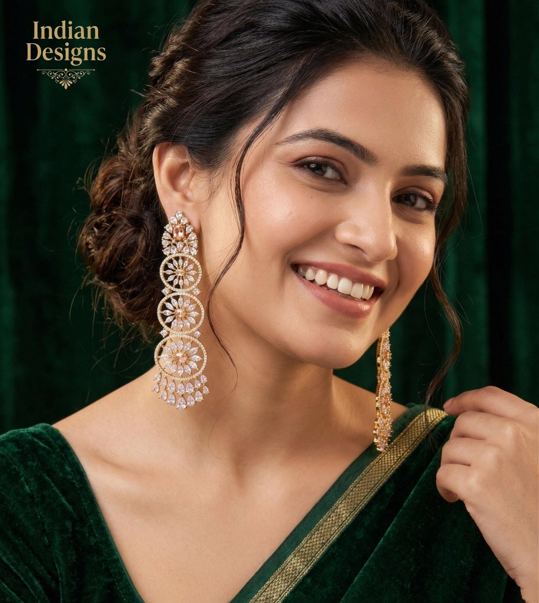 Green Emerald CZ Stones Statement Earrings| Wedding Party wear earrings| American Diamond Luxury dangler earrings| Bollywood style earrings