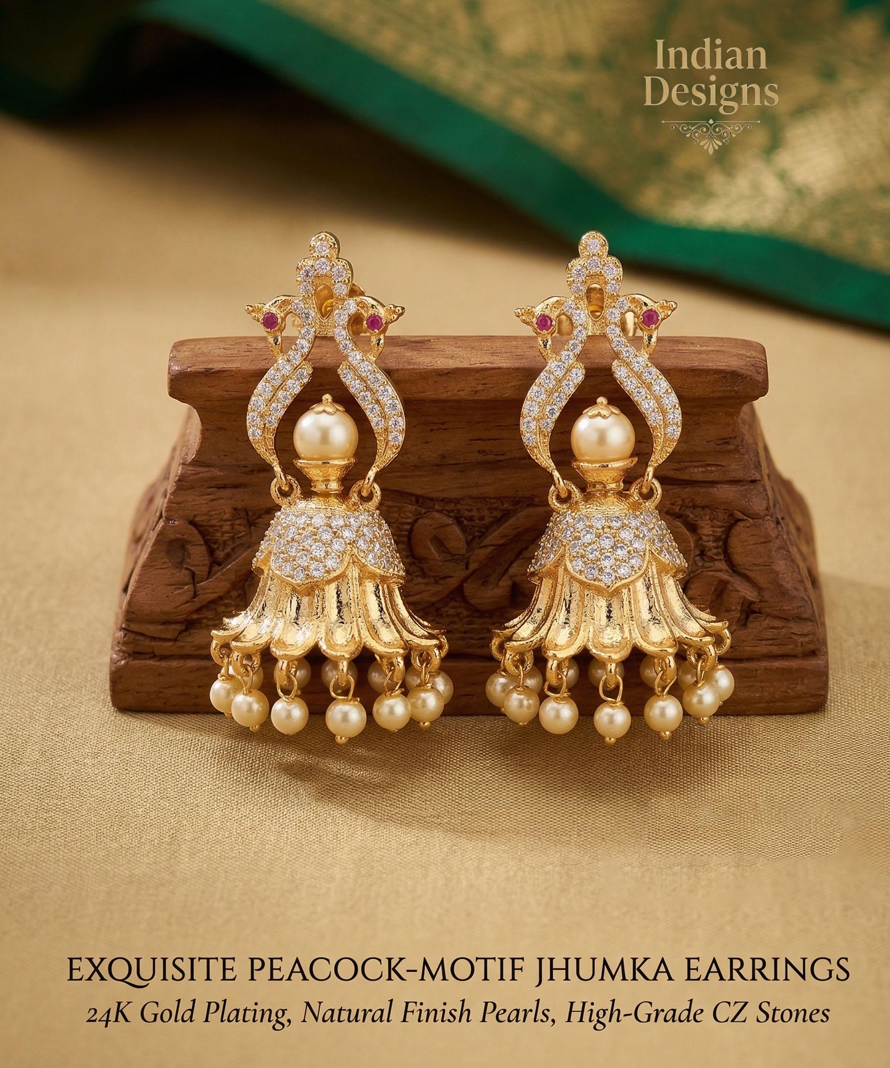 Gold Plated Pearl jhumka earrings| Ad stone Bridal jhumka earrings| South Indian wedding Jhumka Jhumki earrings| AmericanDiamond earrings